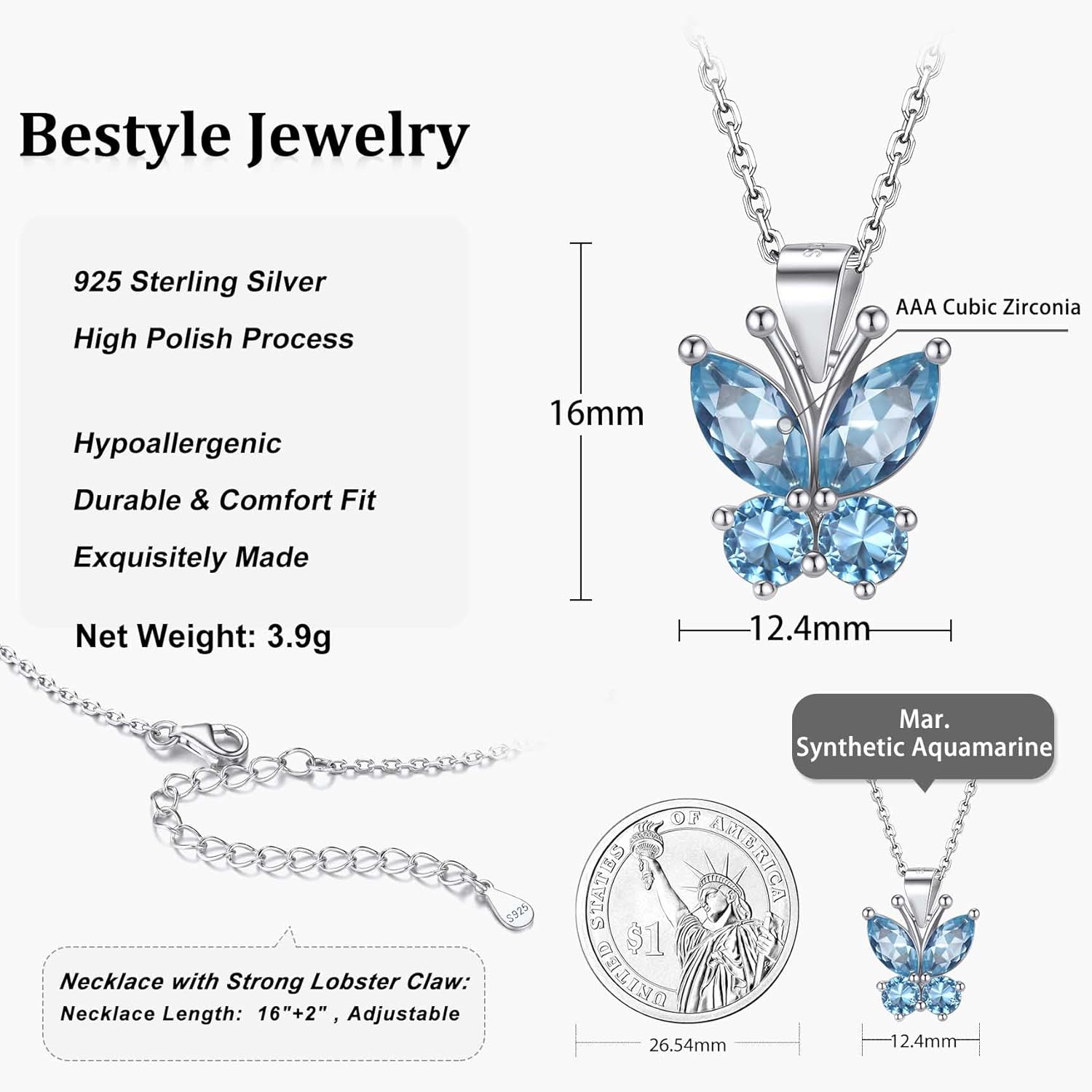 Dazzling March Aquamarine Butterfly Birthstone Necklace
