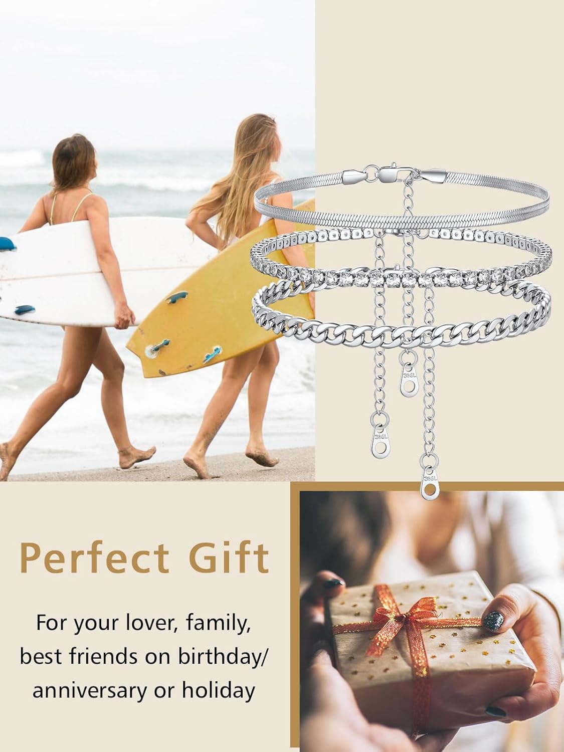 3PCS Herringbone & Tennis & Cuban Link Herringbone Link Foot Jewelry Set