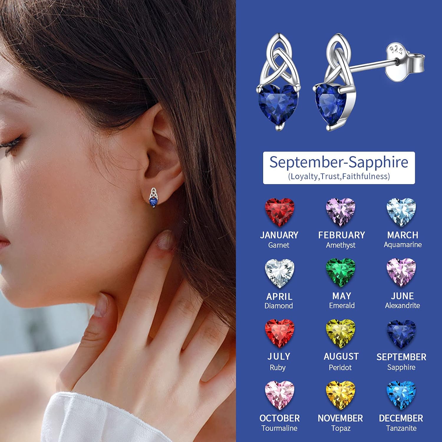 Brilliant Heart Cut Birthstone & Celtic Knot Stud Earrings