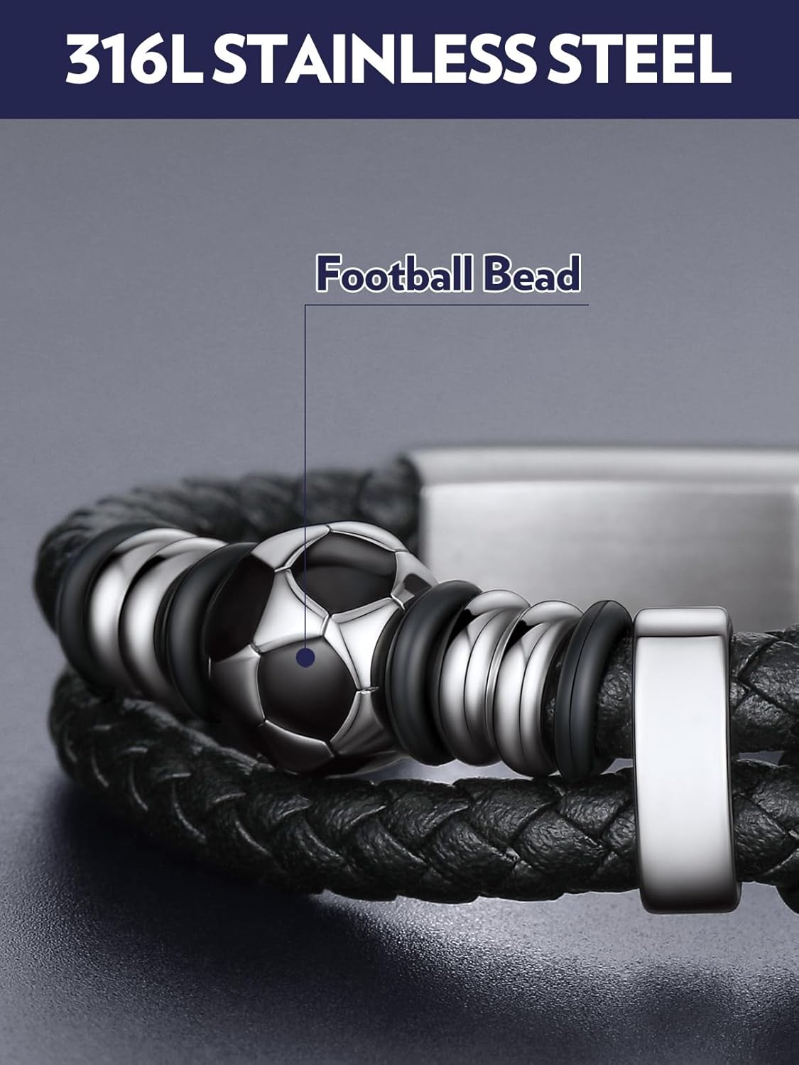 Double Row Black Braided Leather Wristband Football Beaded Bangle