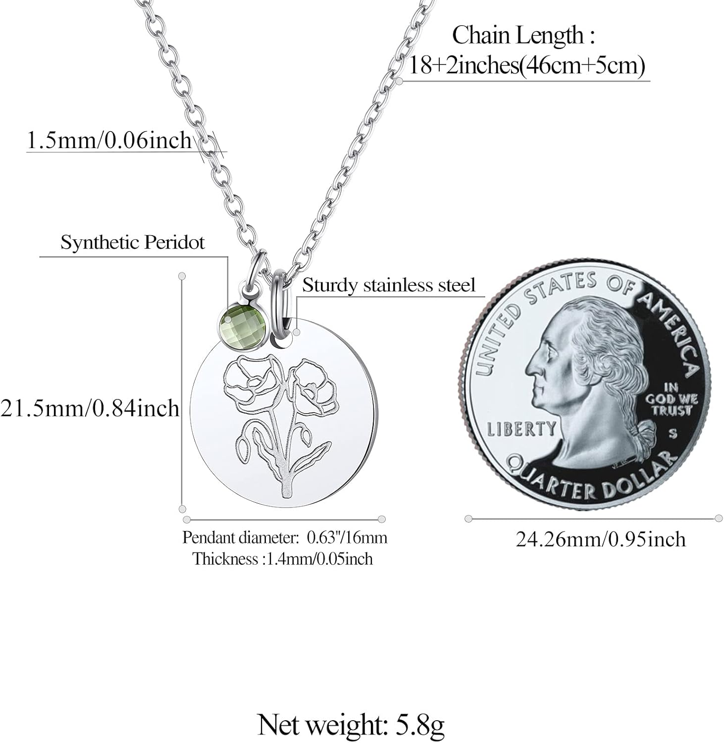 Jan. to Dec. Guardian Month Floral Birth Flower & Birthstone Disc Necklaces