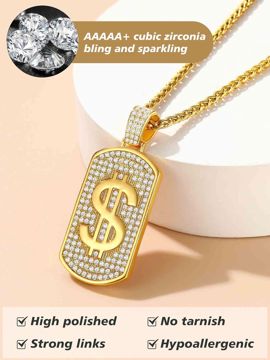 Money Chain Dog Tag Dollar Sign Cubic Zirconia Necklaces
