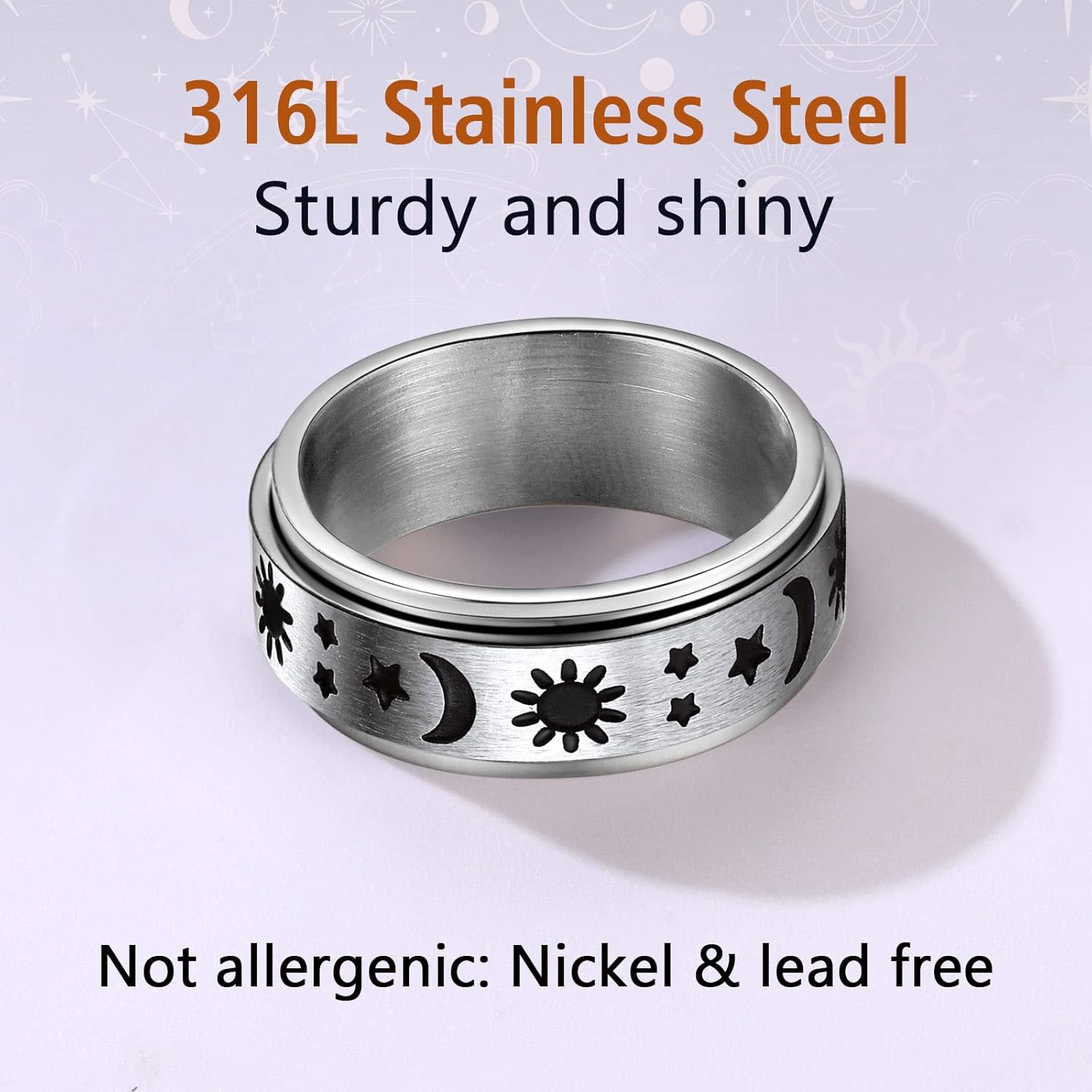 Stainless Steel Spinner Moon and Sun Mixed Color Band Rings