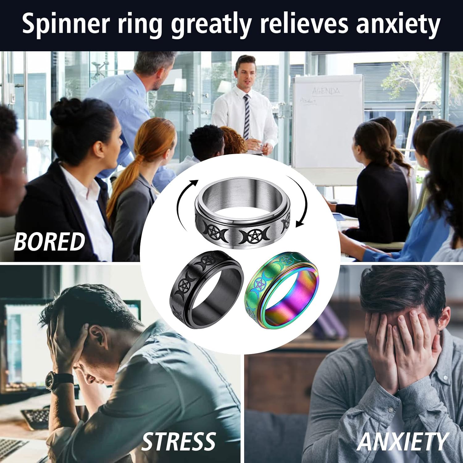 Triple Moons Spinner Band Rings