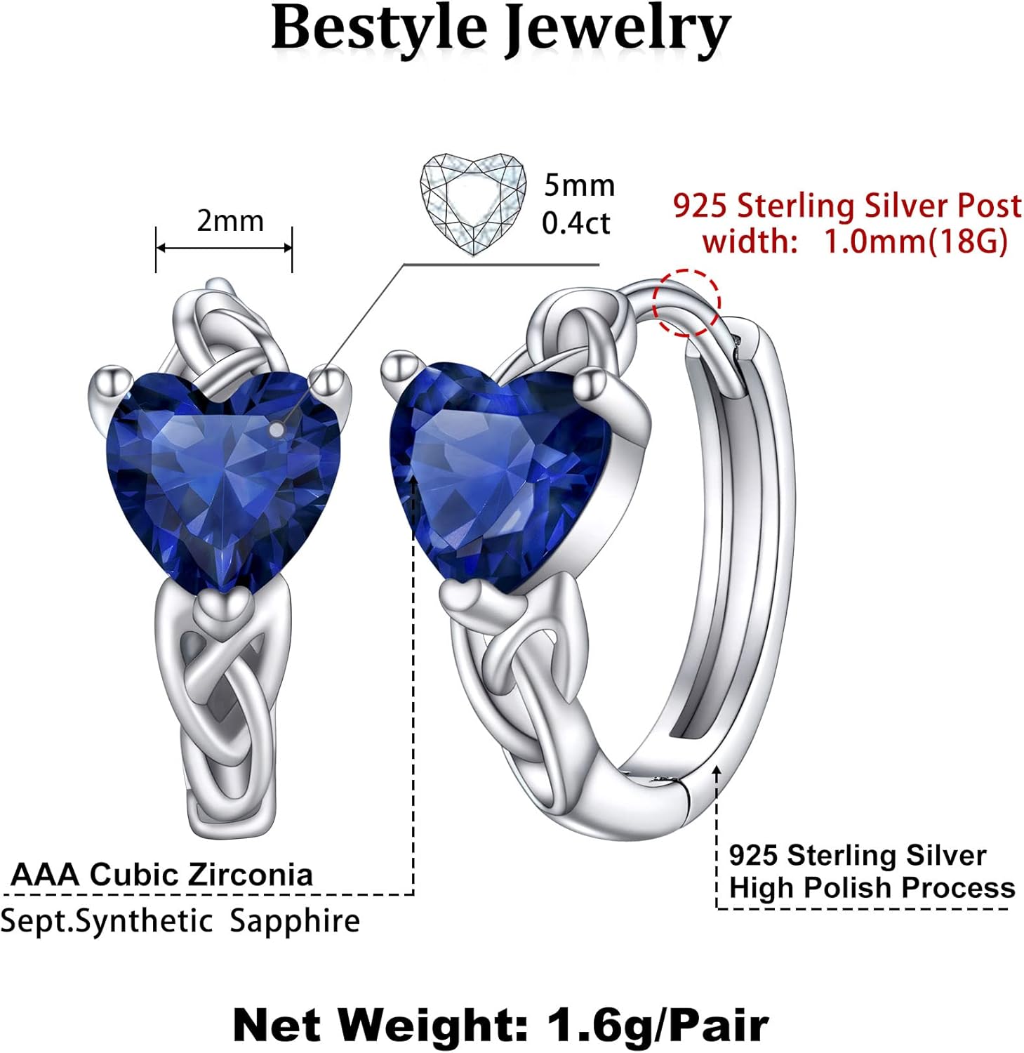 September Blue Sapphire Heart Celtic Knot Birthstone Hoop Earrings