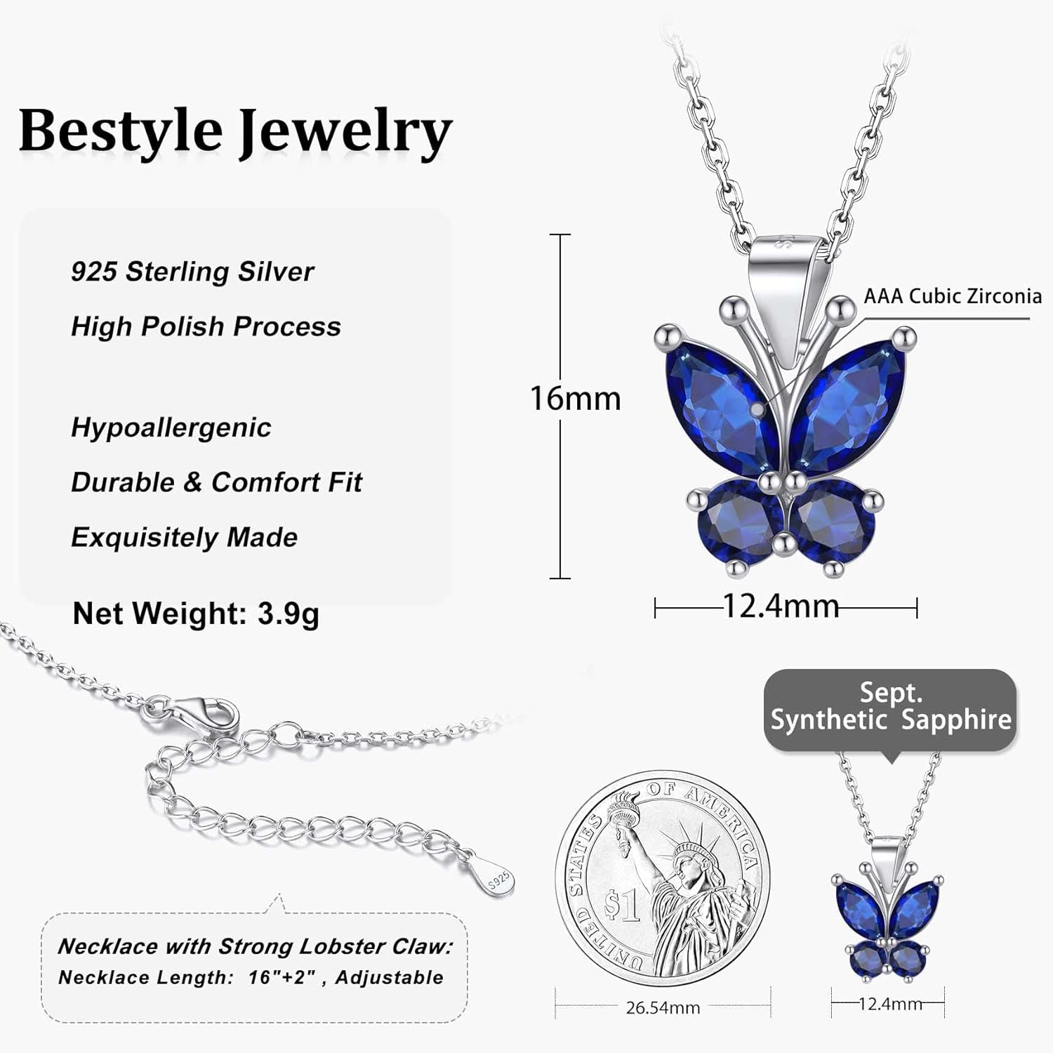 Dazzling September Sapphire Butterfly Birthstone Necklace