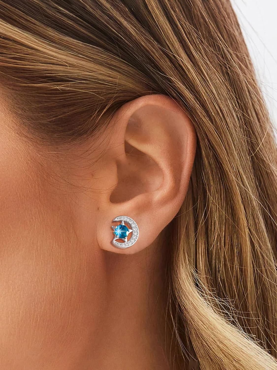 Sparkly Sterling Silver Cute Moon Star Birthstone Star Earrings