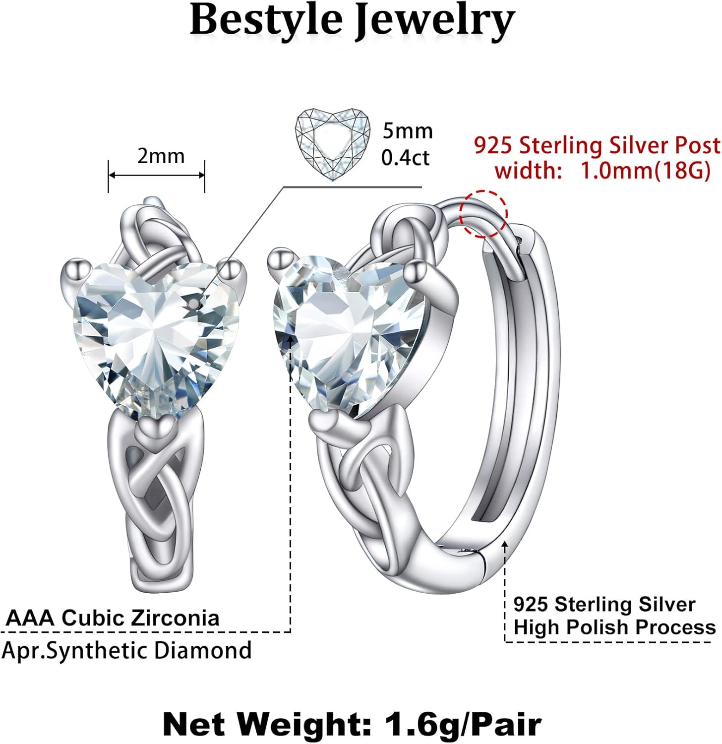 April White Diamond Heart Celtic Knot Birthstone Hoop Earrings