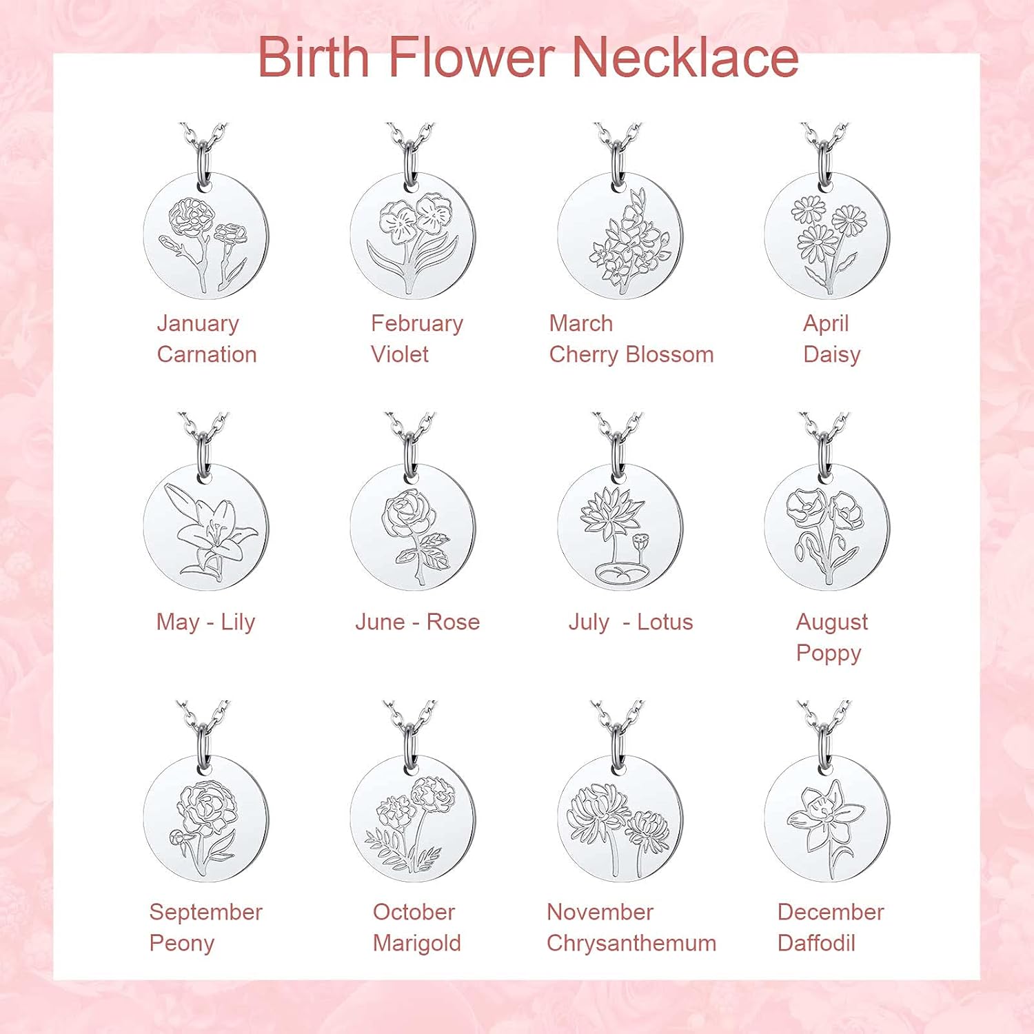 Jan. to Dec. Guardian Month Floral Birth Flower Disc Necklaces