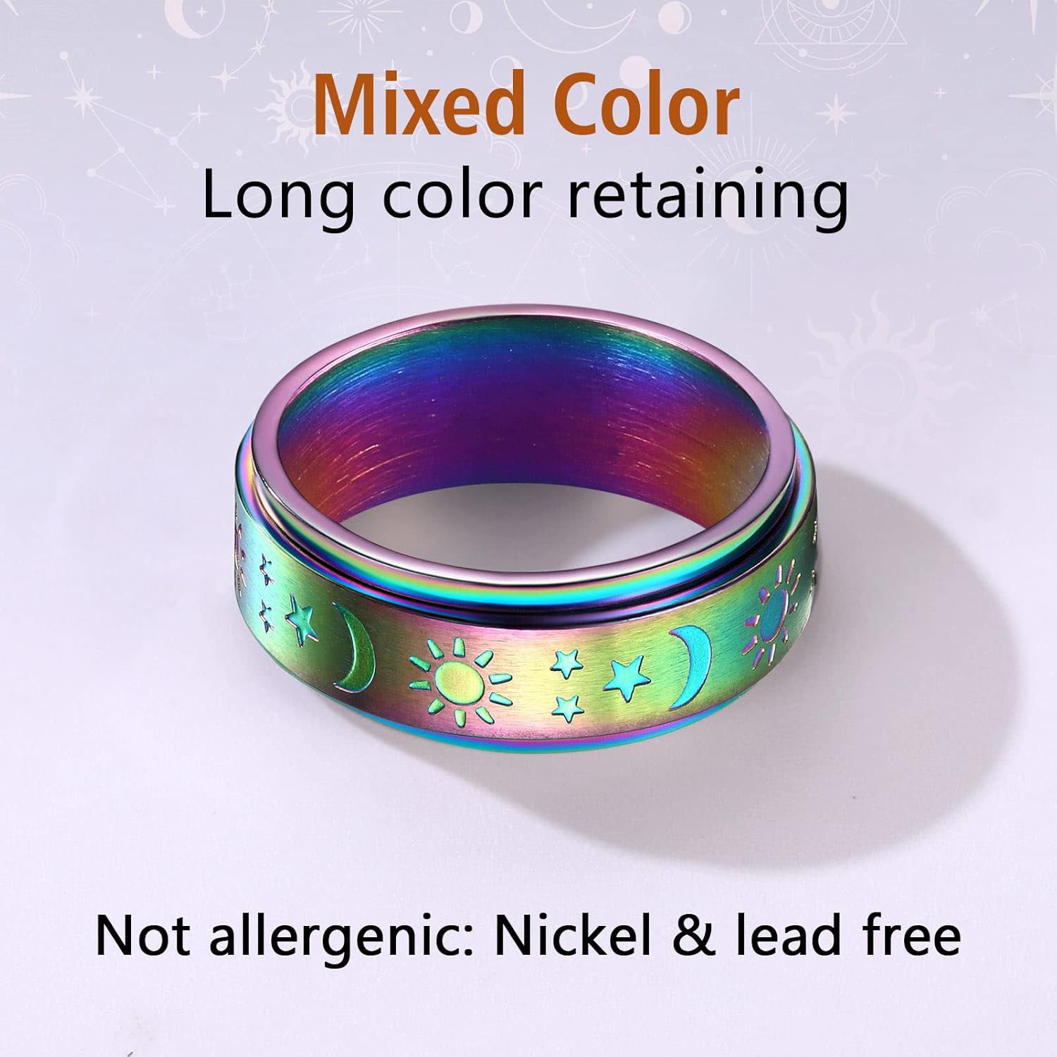 Stainless Steel Spinner Moon and Sun Mixed Color Band Rings