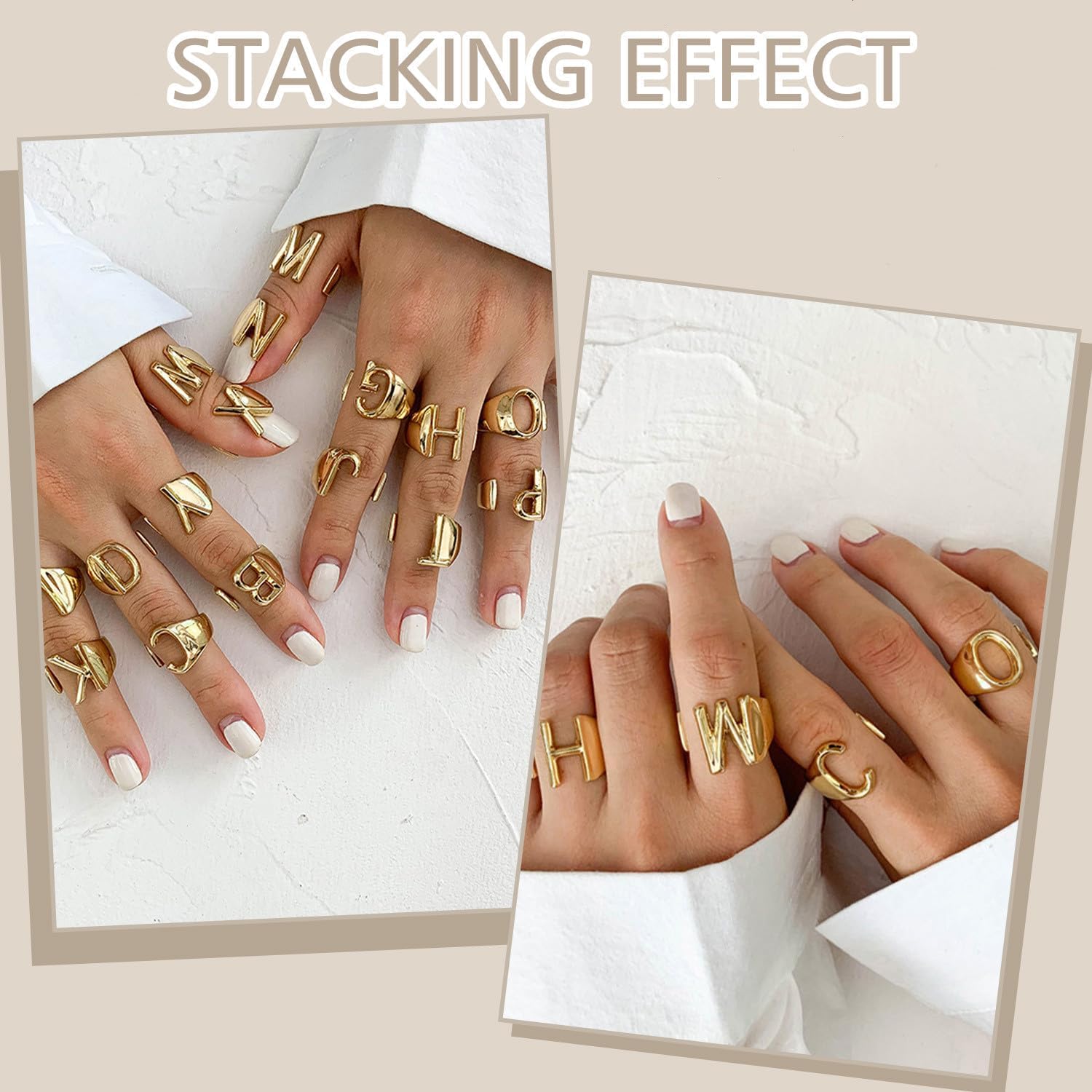 18K Gold Plated Initial Alphabet Letter A to Z Resizable Knuckle Fashion Cuff Rings  for Women