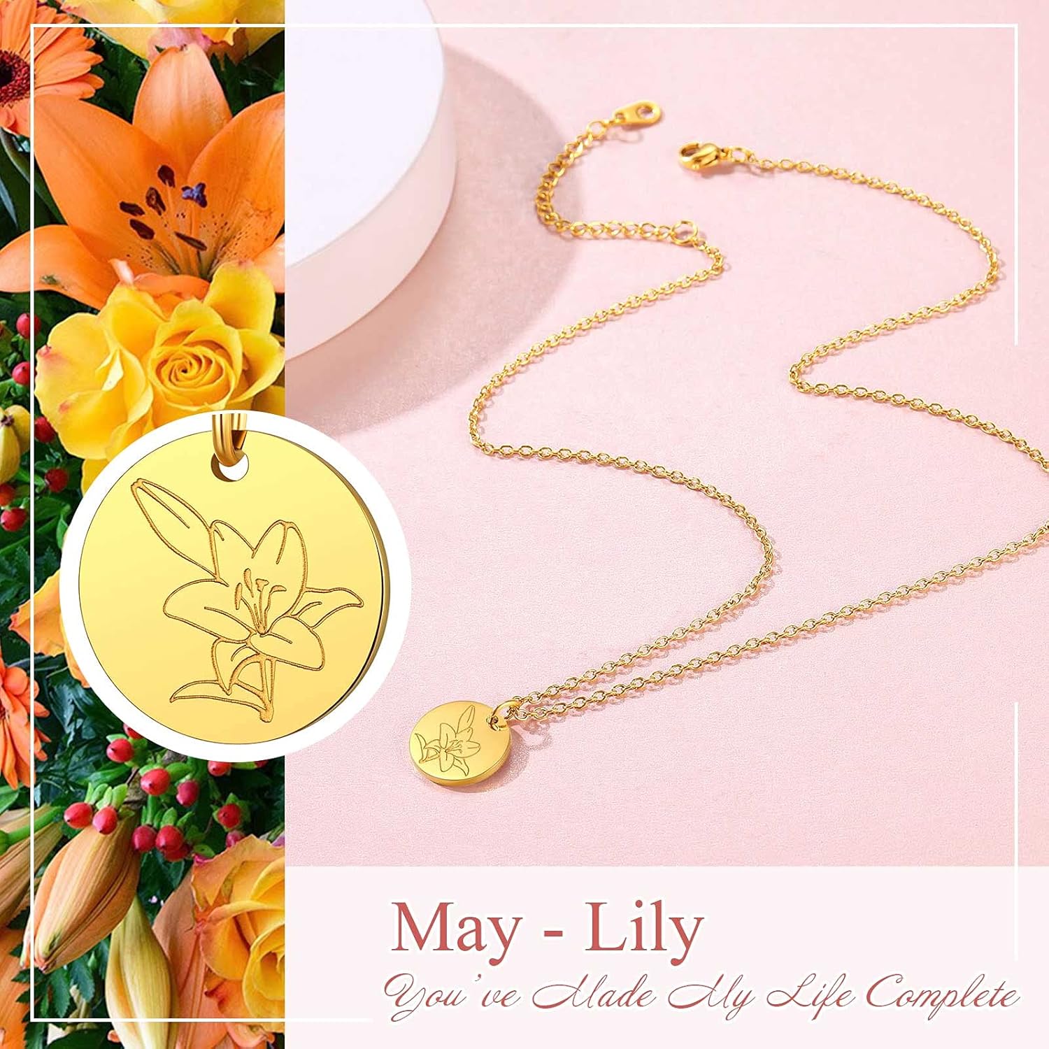 Jan. to Dec. Guardian Month Floral Birth Flower Disc Necklaces