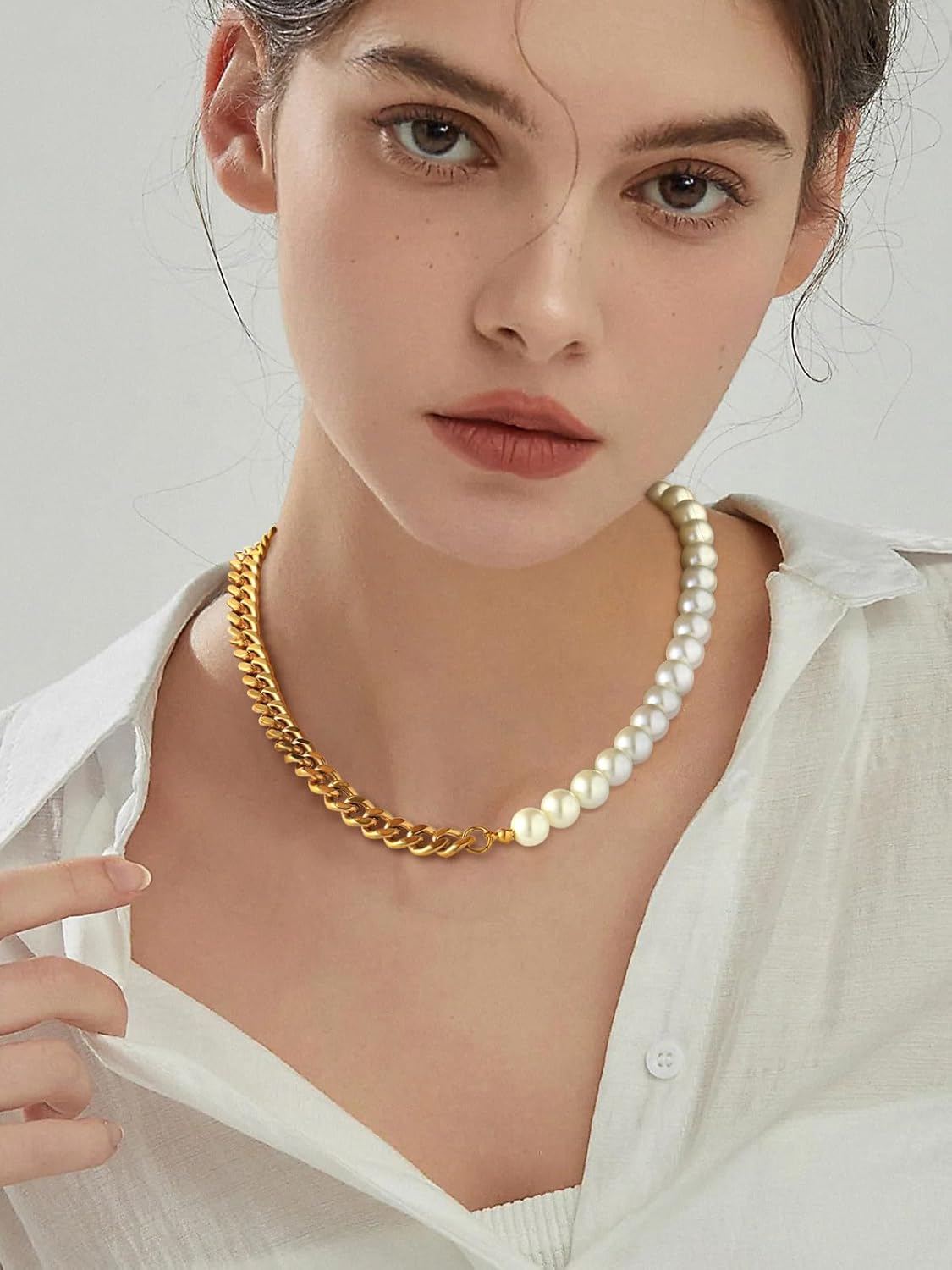 Trendy Punk Half Pearl Choker Necklace