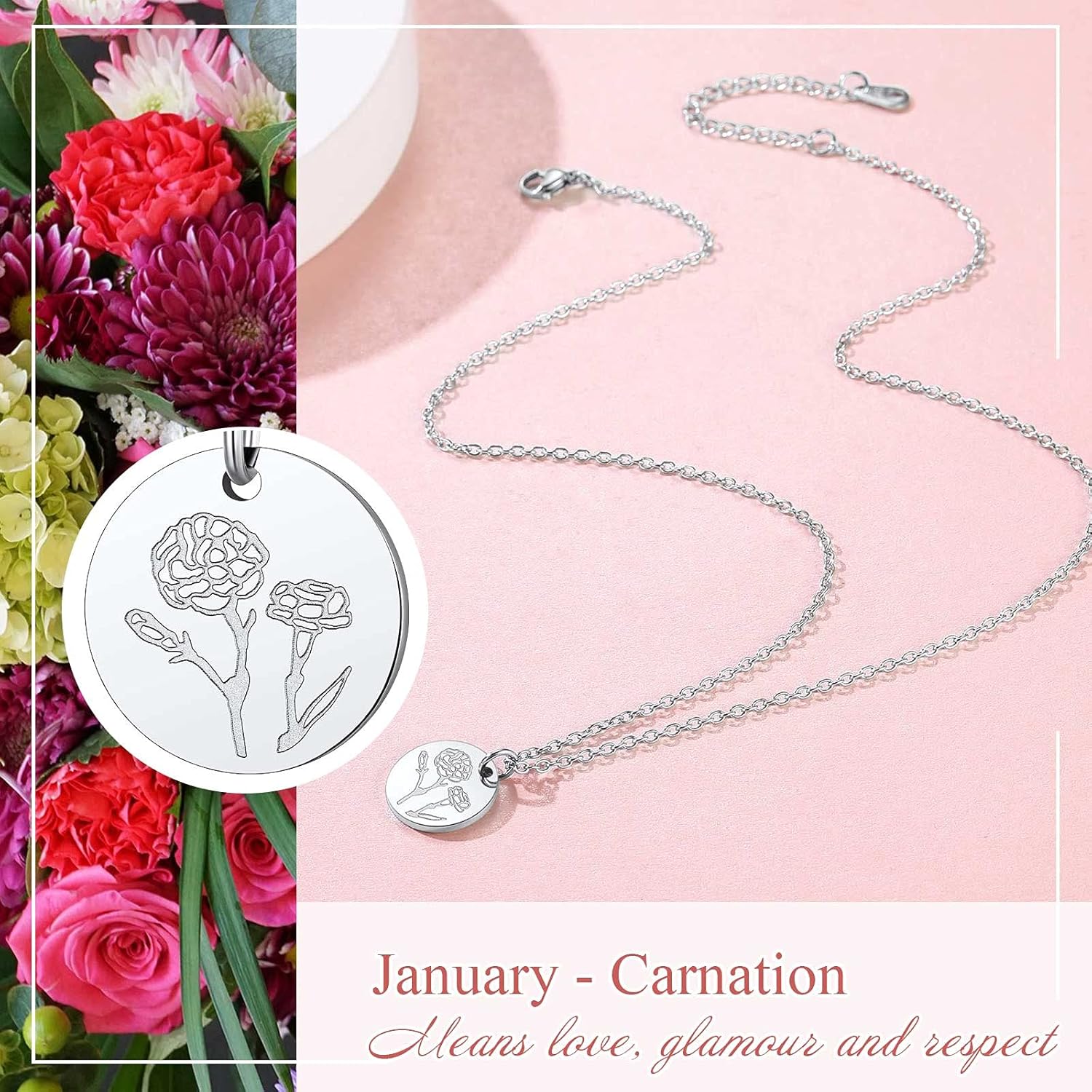Jan. to Dec. Guardian Month Floral Birth Flower Disc Necklaces