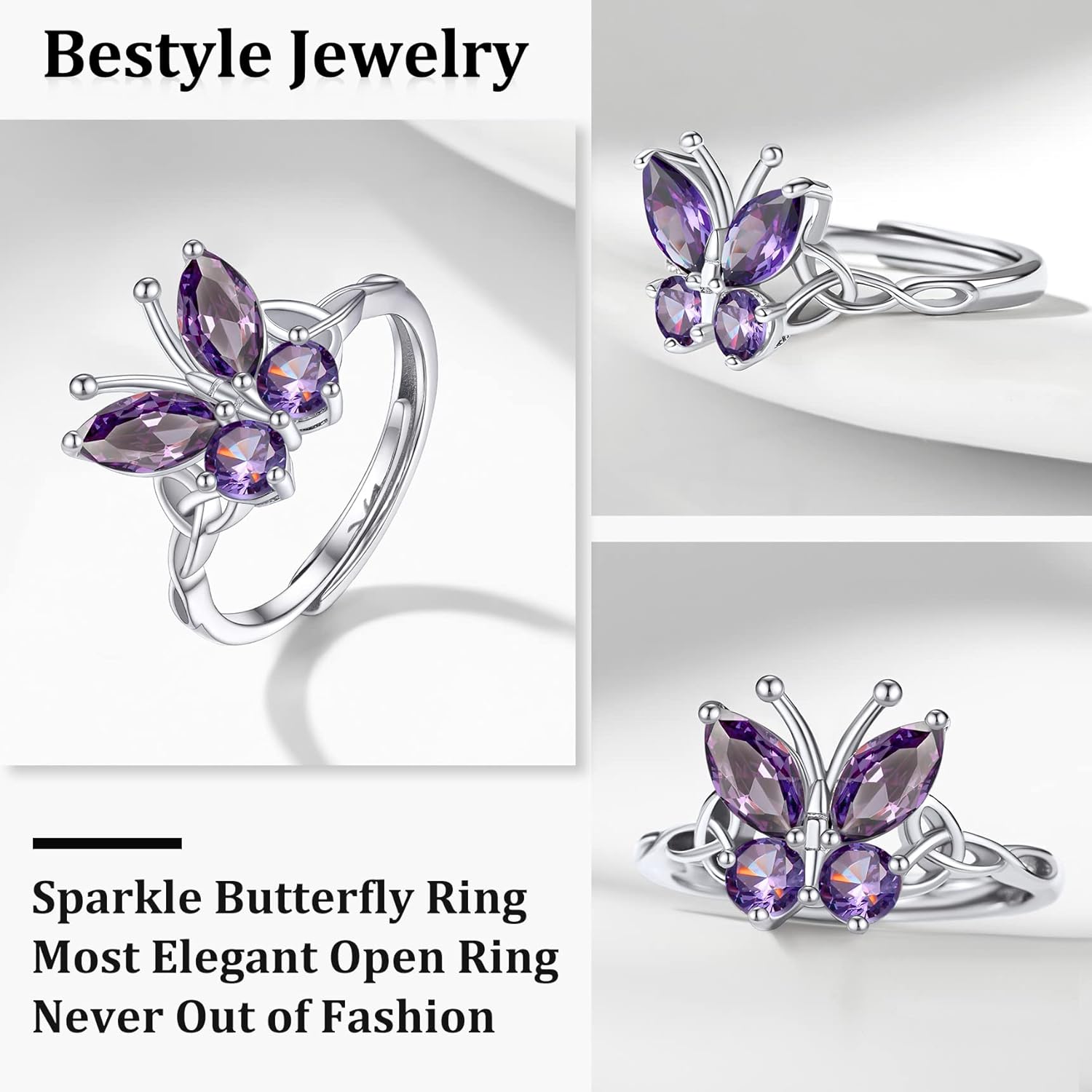 February Amethyst Butterfly Birthstone Stackable Rings