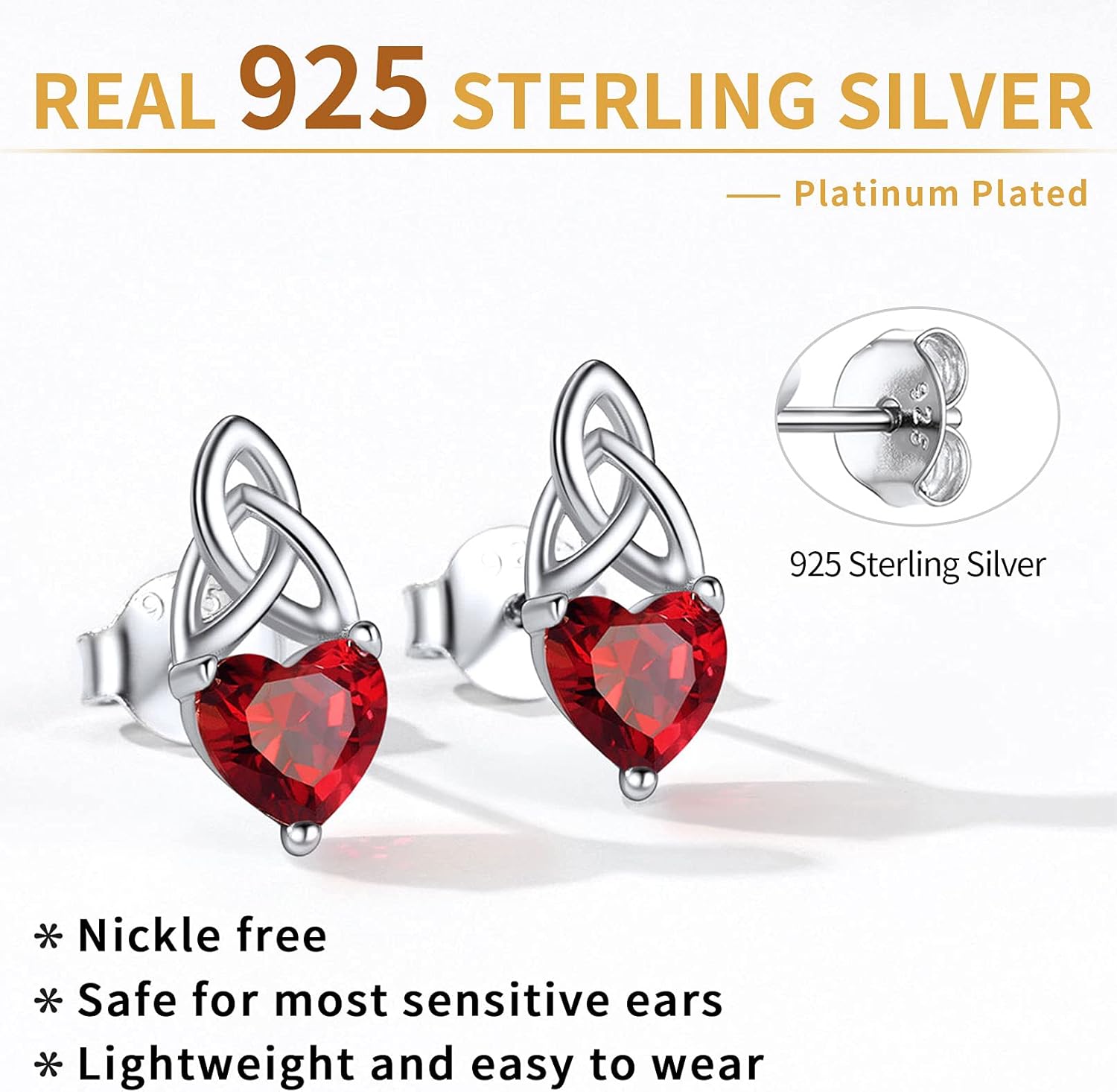 Brilliant Heart Cut Birthstone & Celtic Knot Stud Earrings