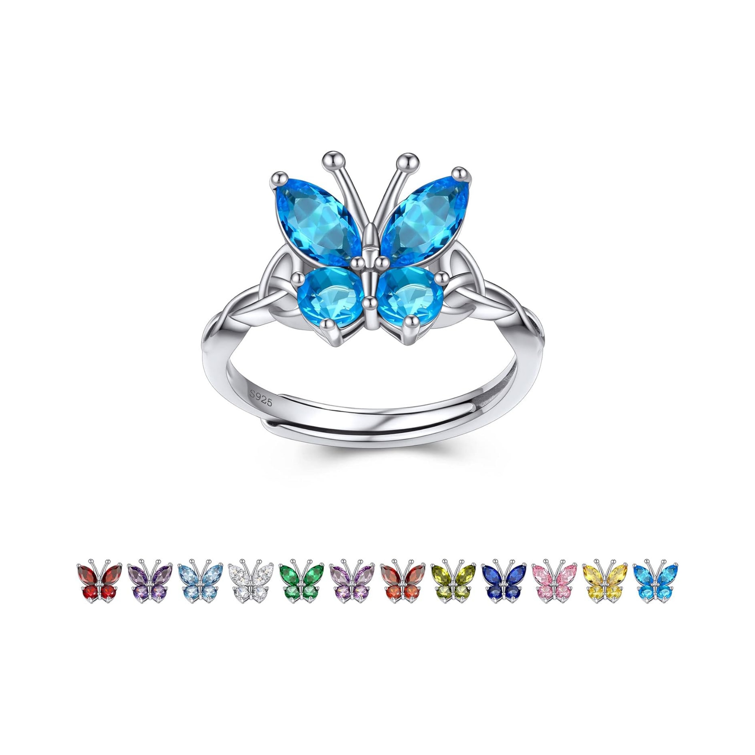 December Blue Topaz Butterfly Birthstone Stackable Rings