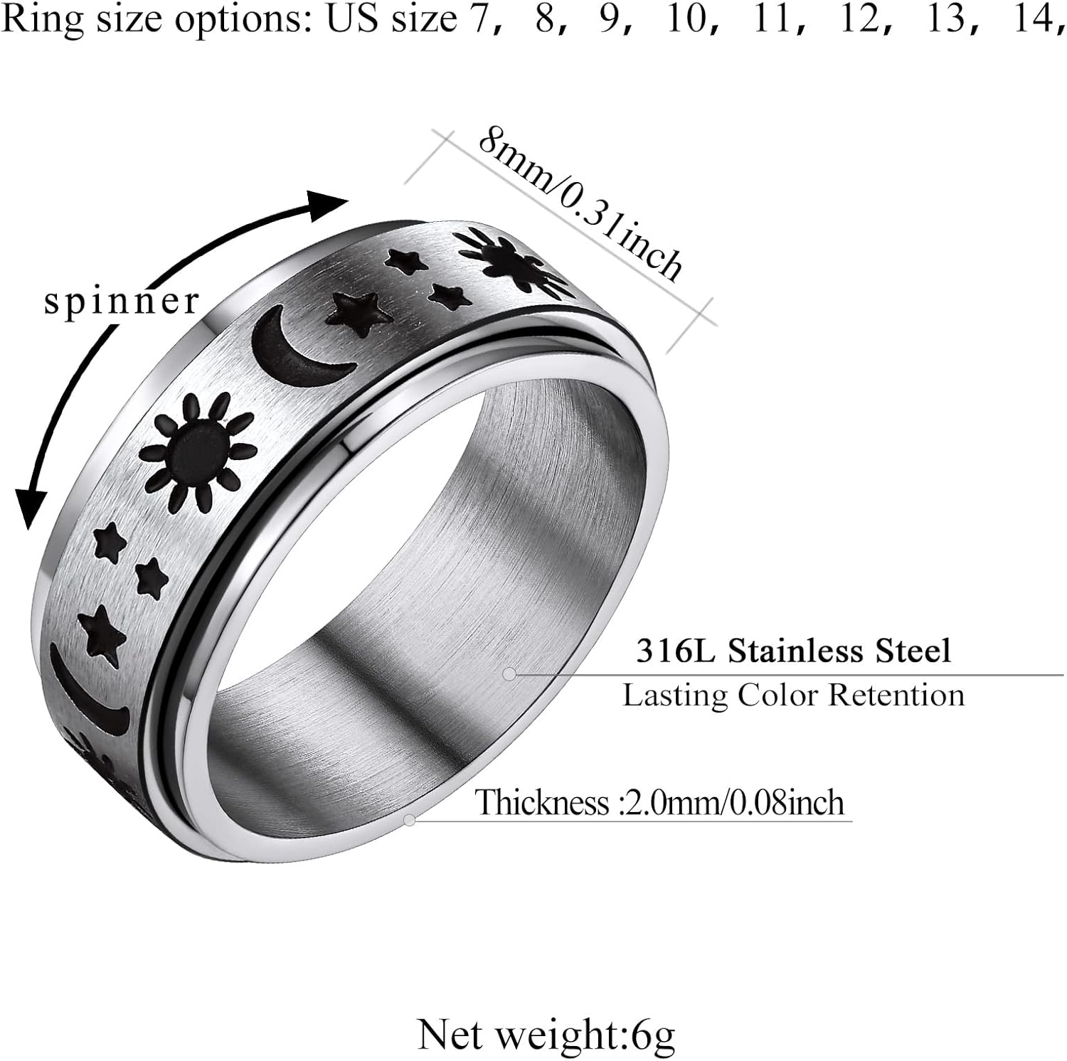 Stainless Steel Spinner Moon and Sun Mixed Color Band Rings