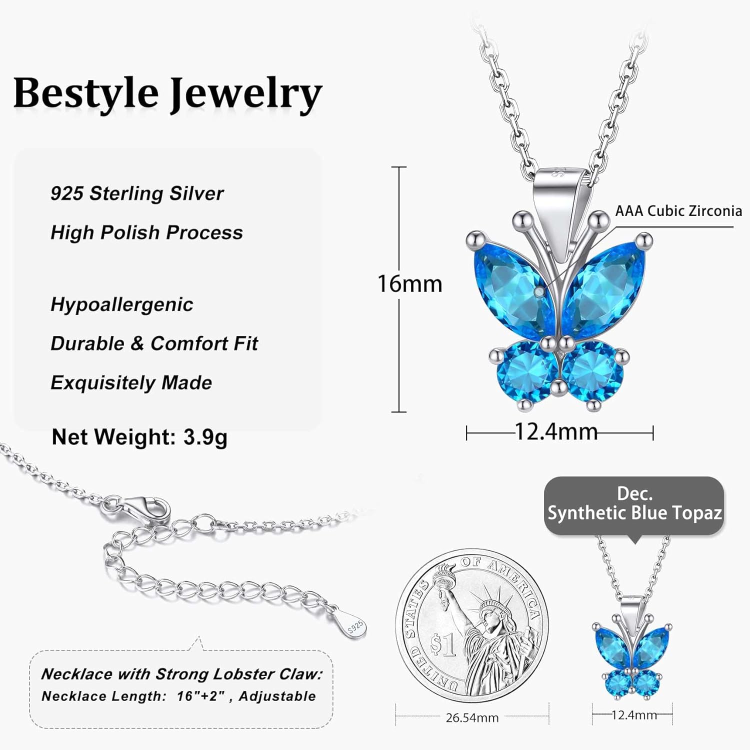 Dazzling December Blue Topaz Butterfly Birthstone Necklace