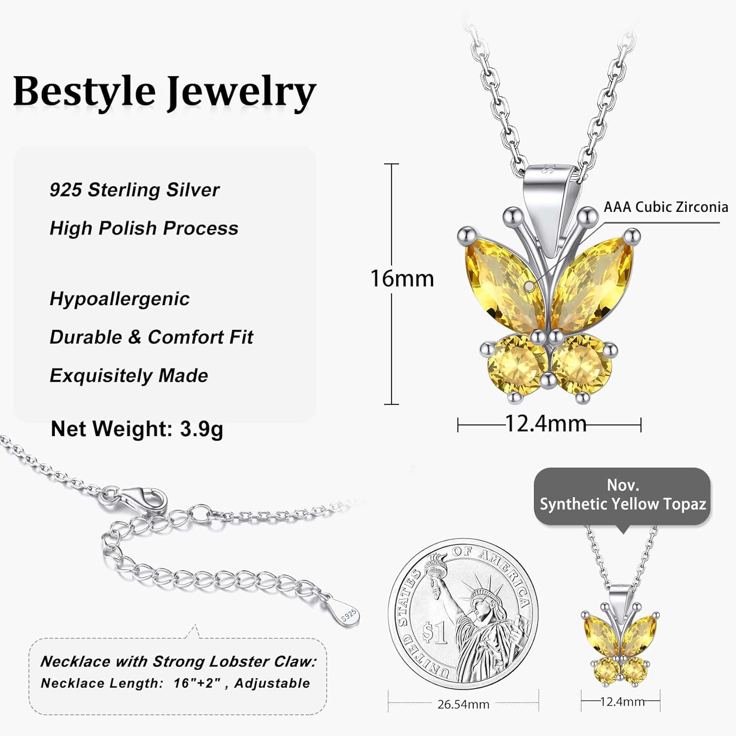 Dazzling November Citrine Butterfly Birthstone Necklace