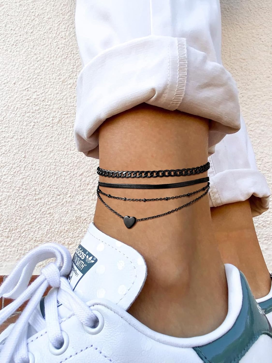 3PCS Cuban & Herringbone & Beaded Heart Ankle