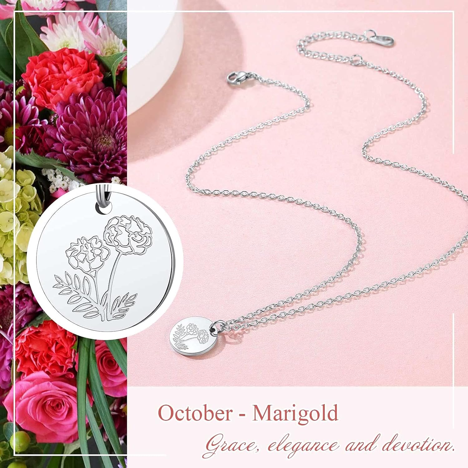 Jan. to Dec. Guardian Month Floral Birth Flower Disc Necklaces