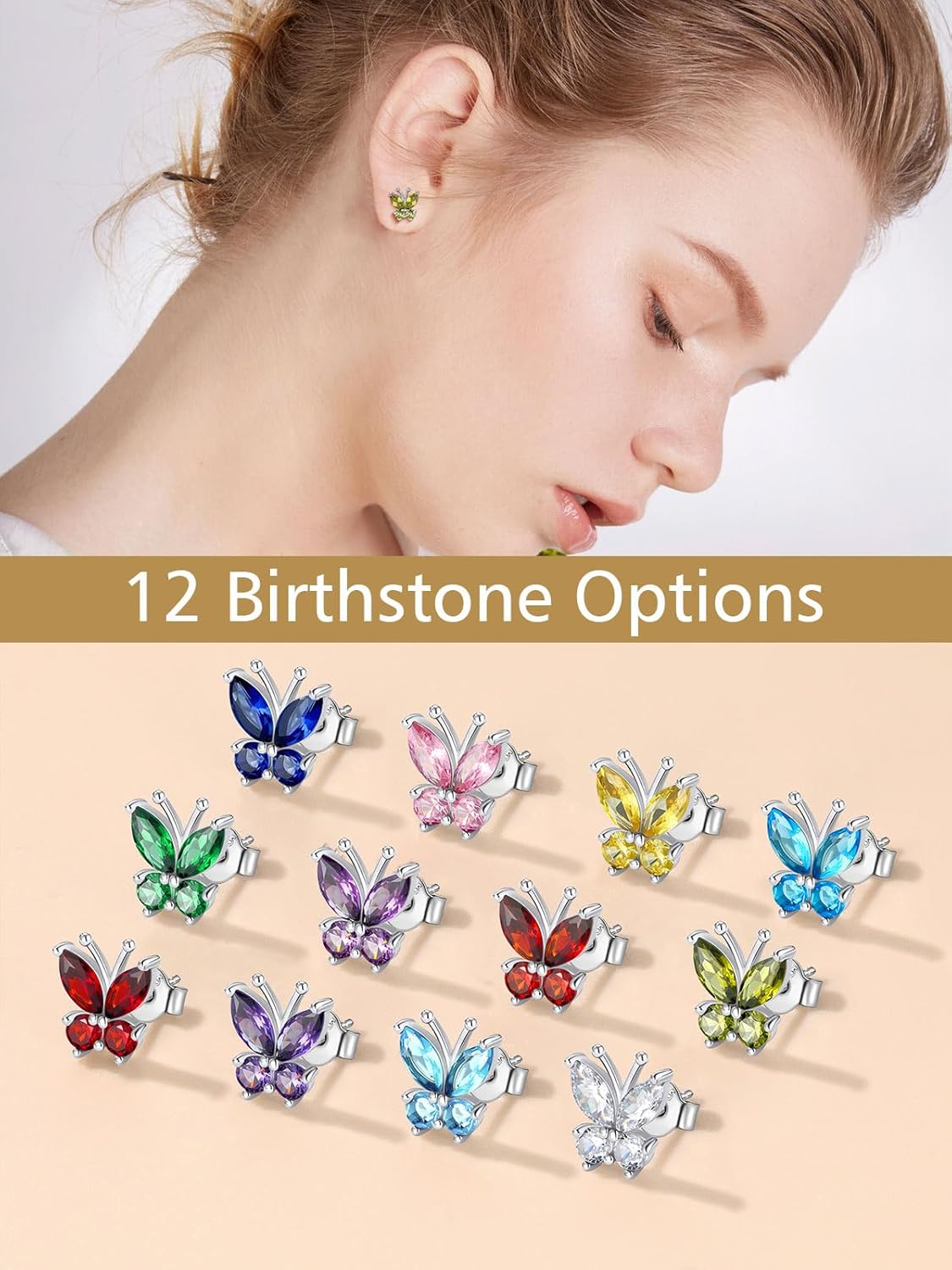 July Ruby Butterfly Stud Earrings in Different Month Colors