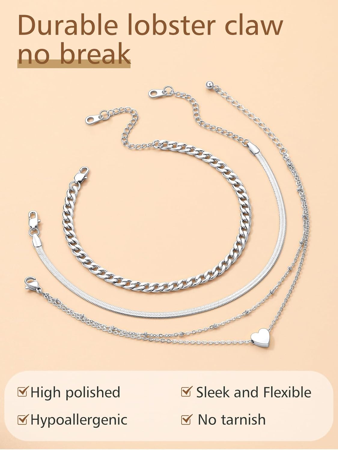 3PCS Cuban & Herringbone & Beaded Heart Ankle Set