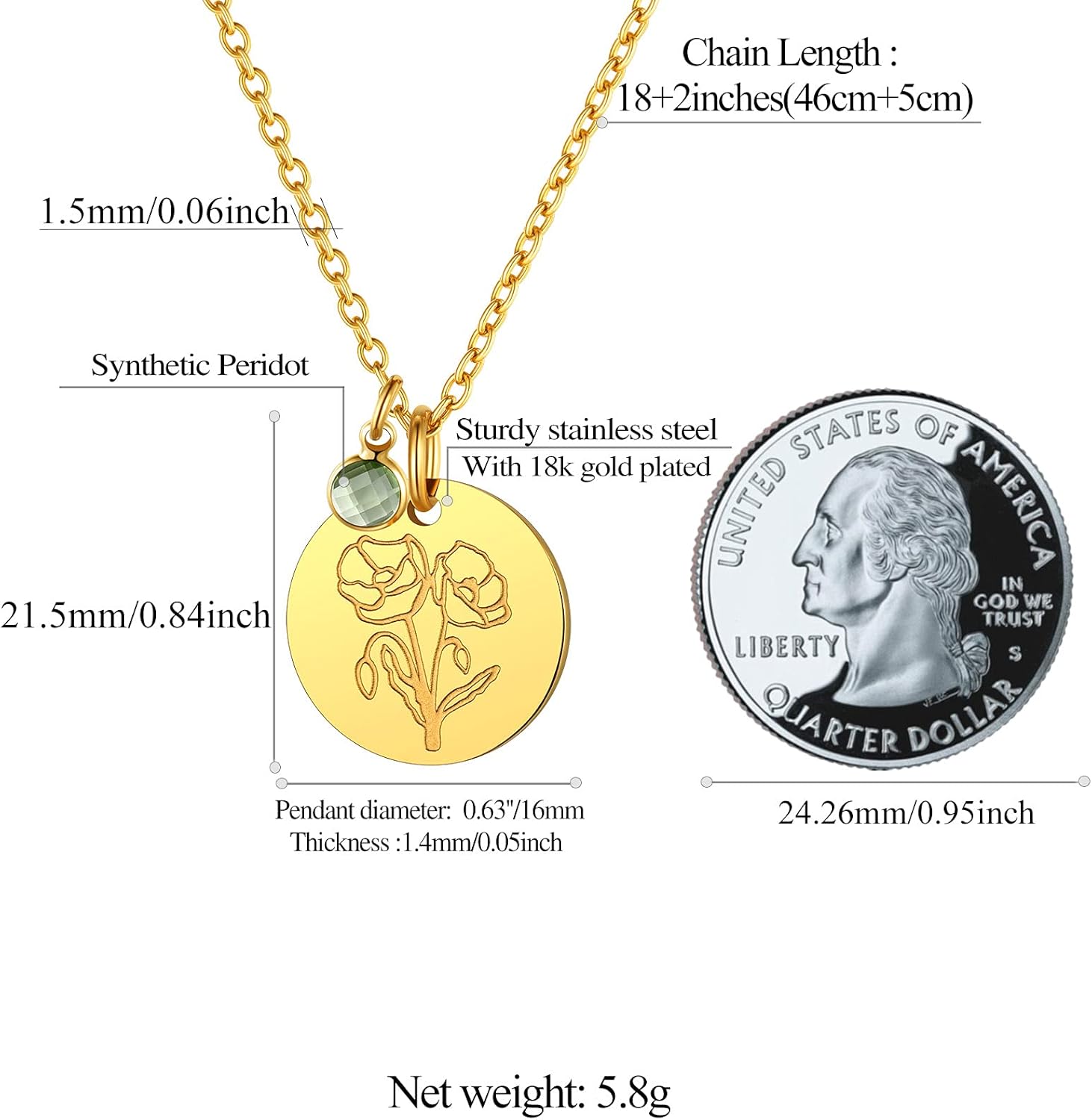 Jan. to Dec. Guardian Month Floral Birth Flower & Birthstone Disc Necklaces