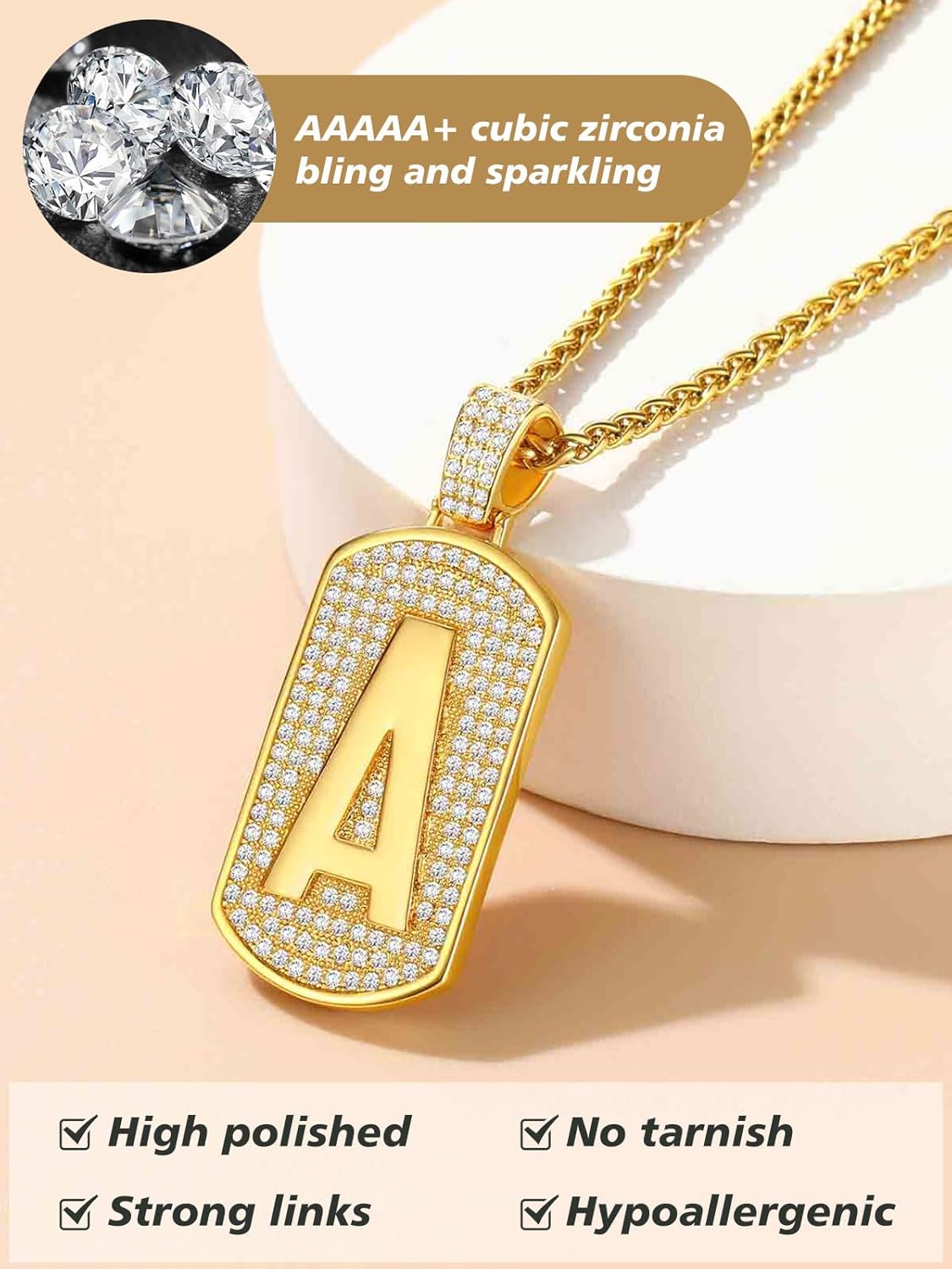 Initial Letter Pendant Cubic Zirconia Dog Tag Necklace