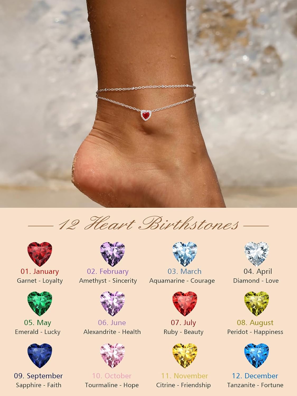 Layered Heart Birthstone Beaded Foot Chain Anklets