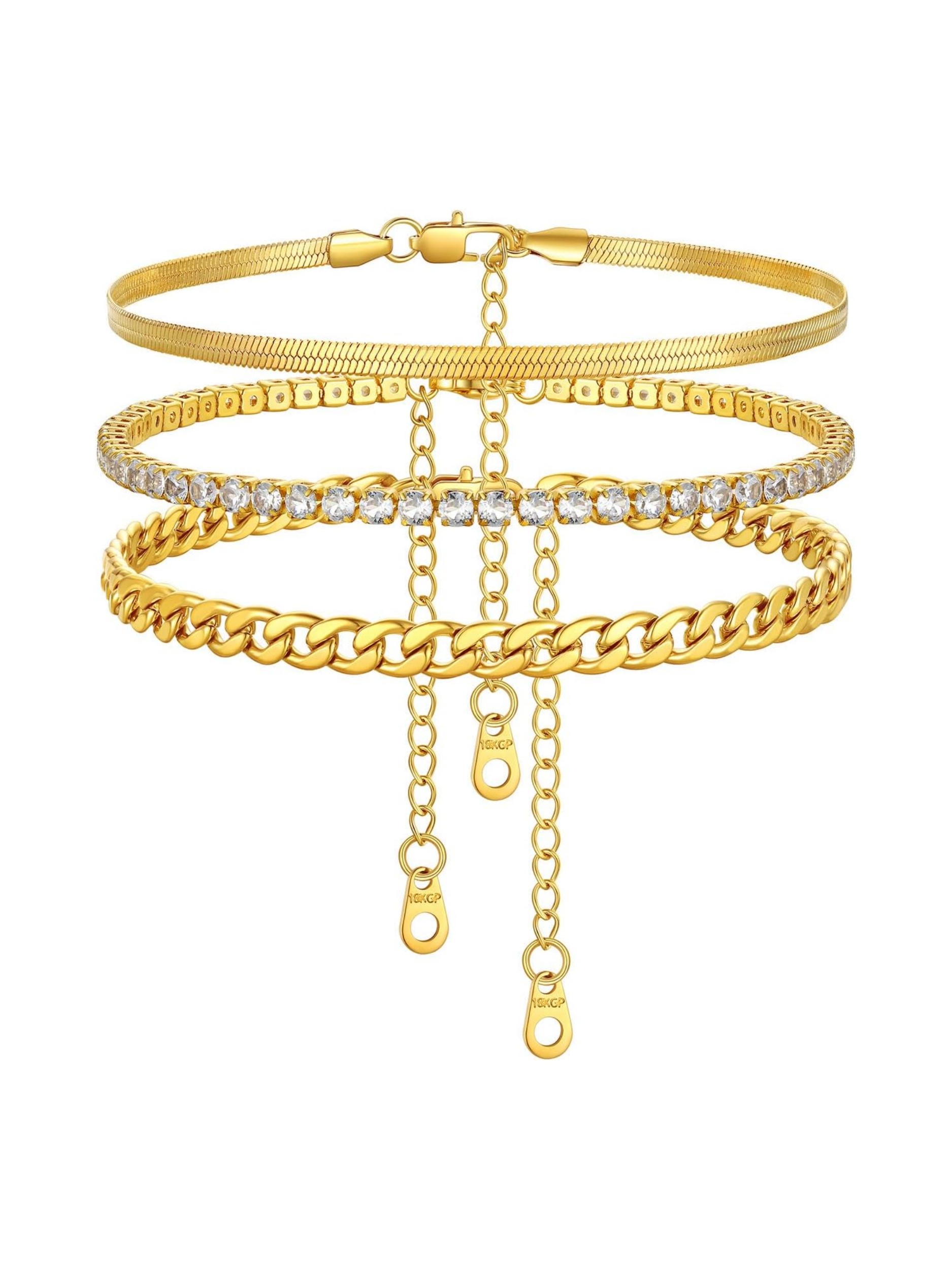 3PCS Herringbone & Tennis & Cuban Link Herringbone Link Foot Jewelry Set
