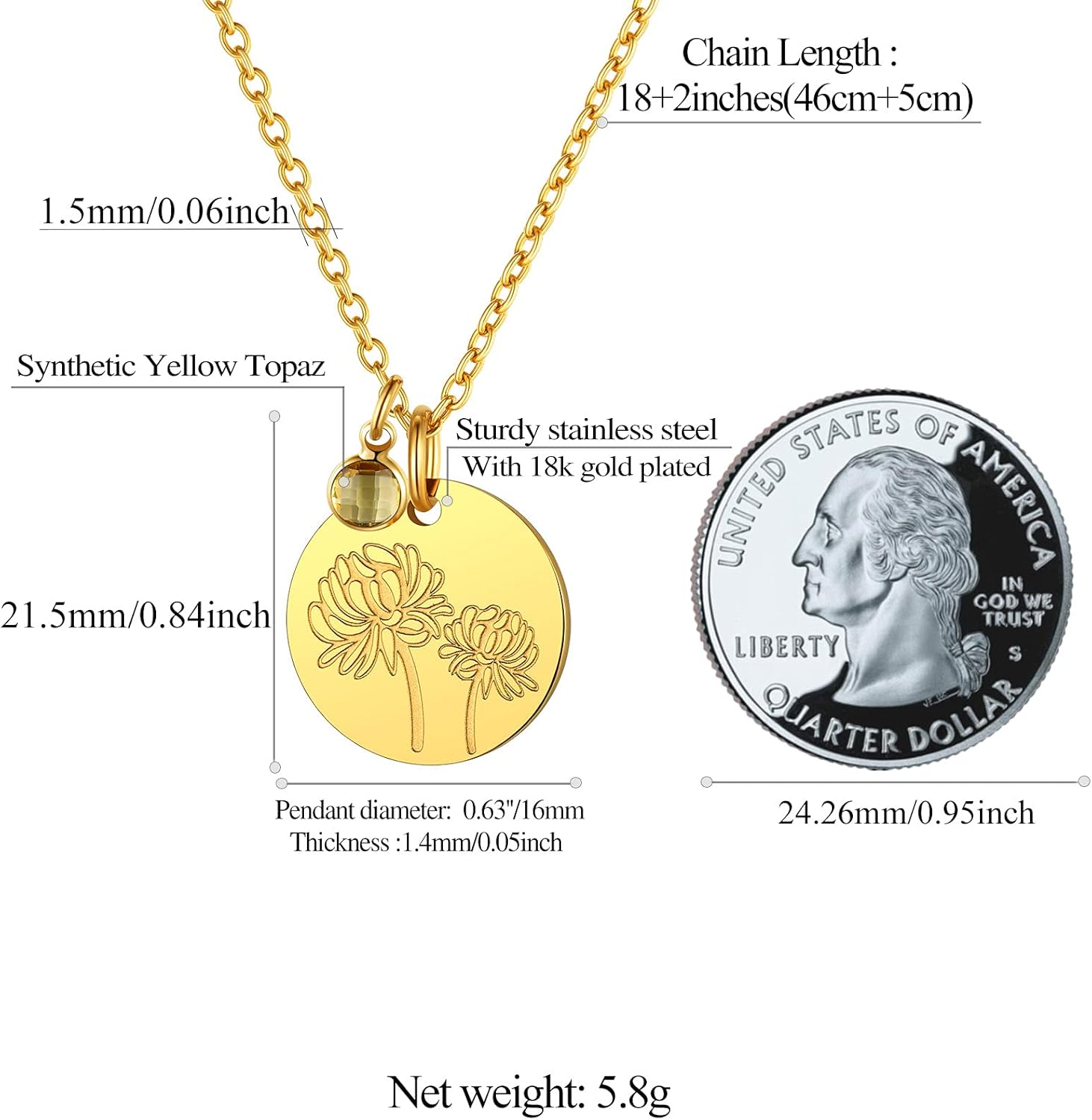 Jan. to Dec. Guardian Month Floral Birth Flower & Birthstone Disc Necklaces