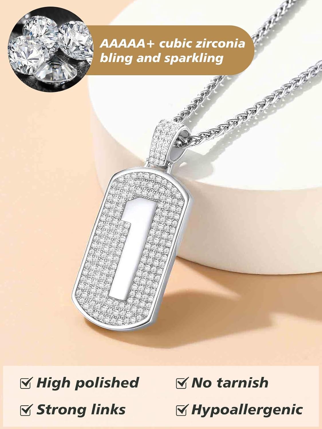 Number Pendant Cubic Zirconia Dog Tag Necklace