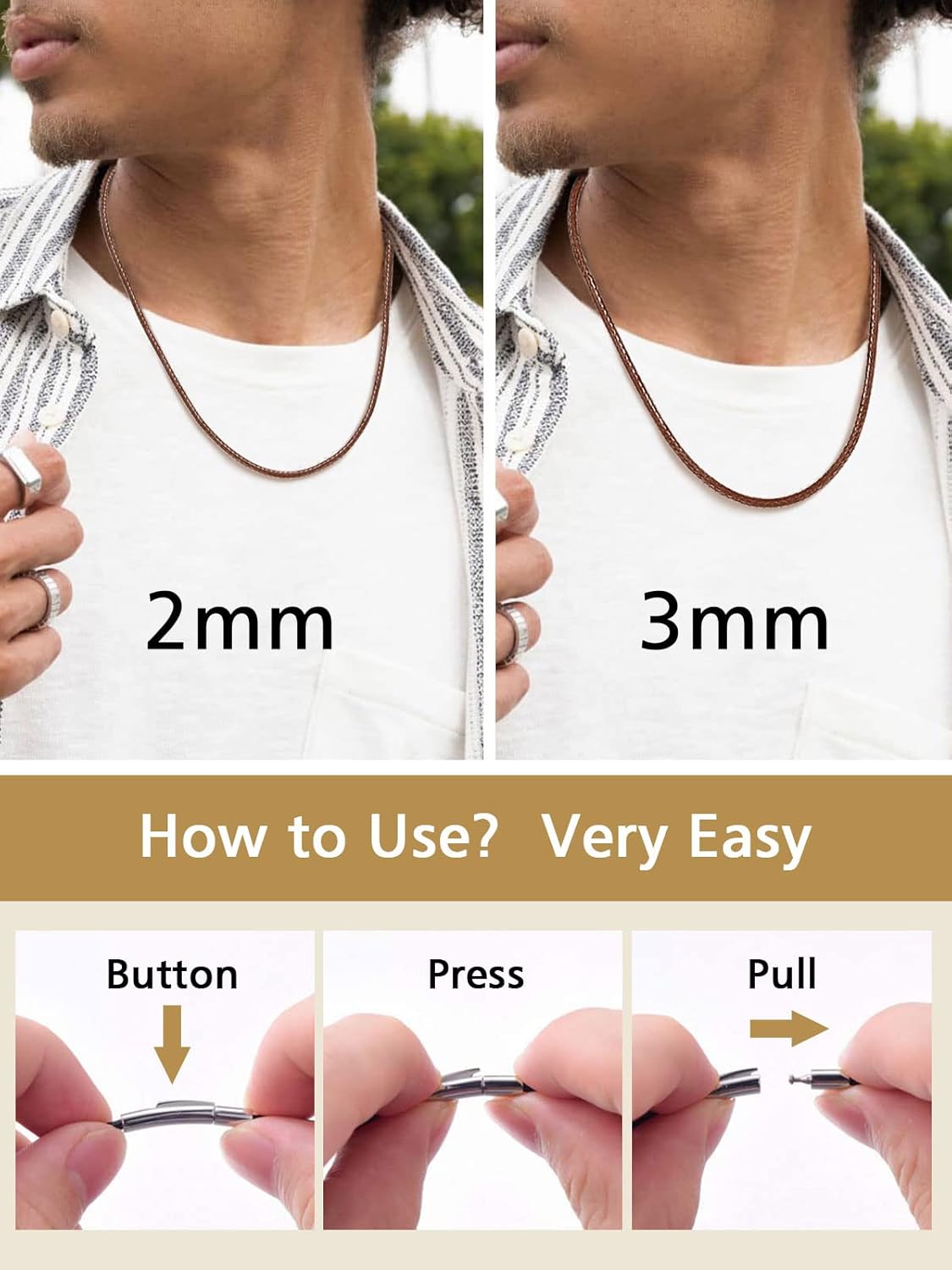 3mm Brown Braided Cord Leather Necklace with Stainless Steel Clasp 