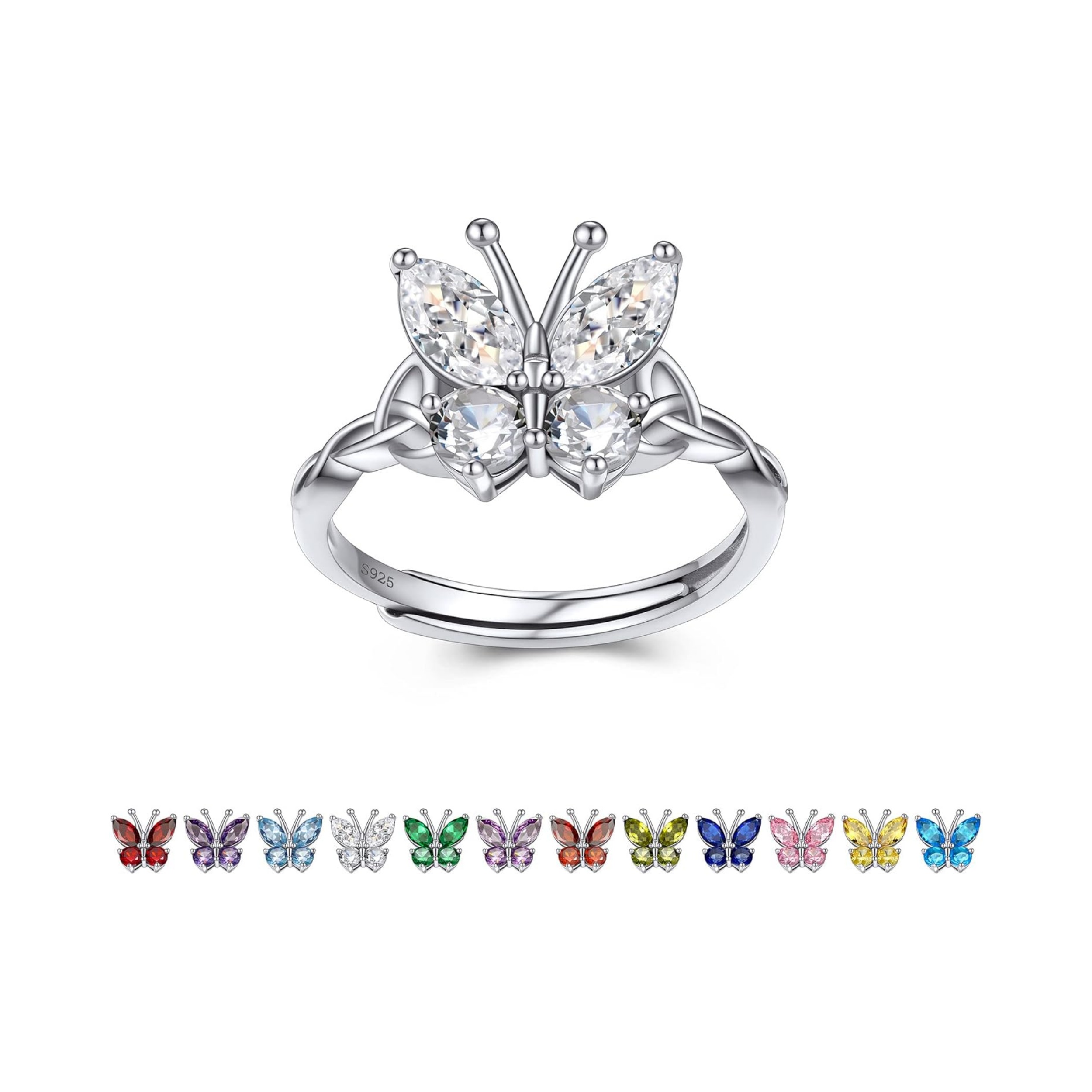 April Clear Quartz Butterfly Birthstone Stackable Rings
