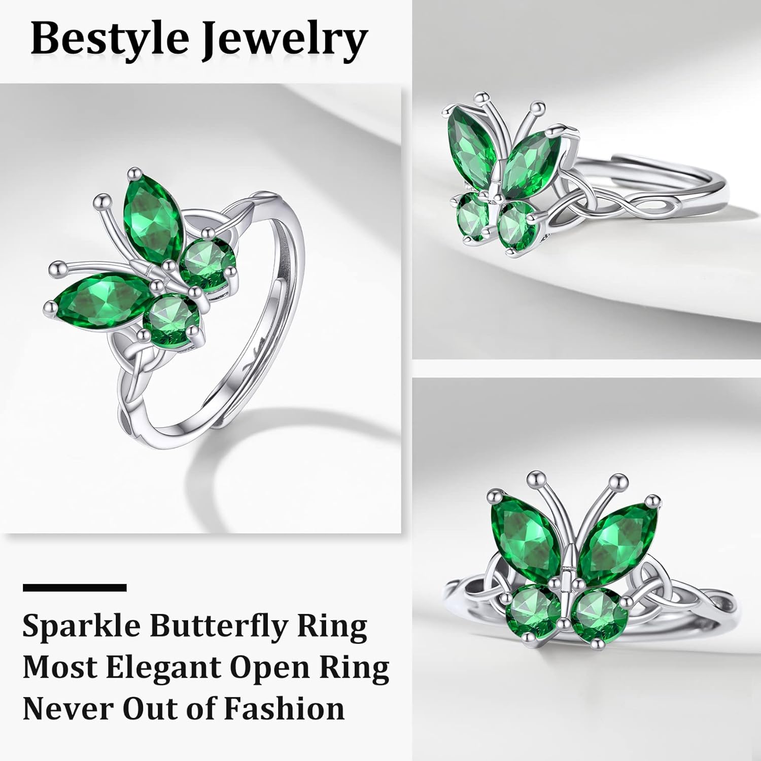 May Emerald Butterfly Birthstone Stackable Rings