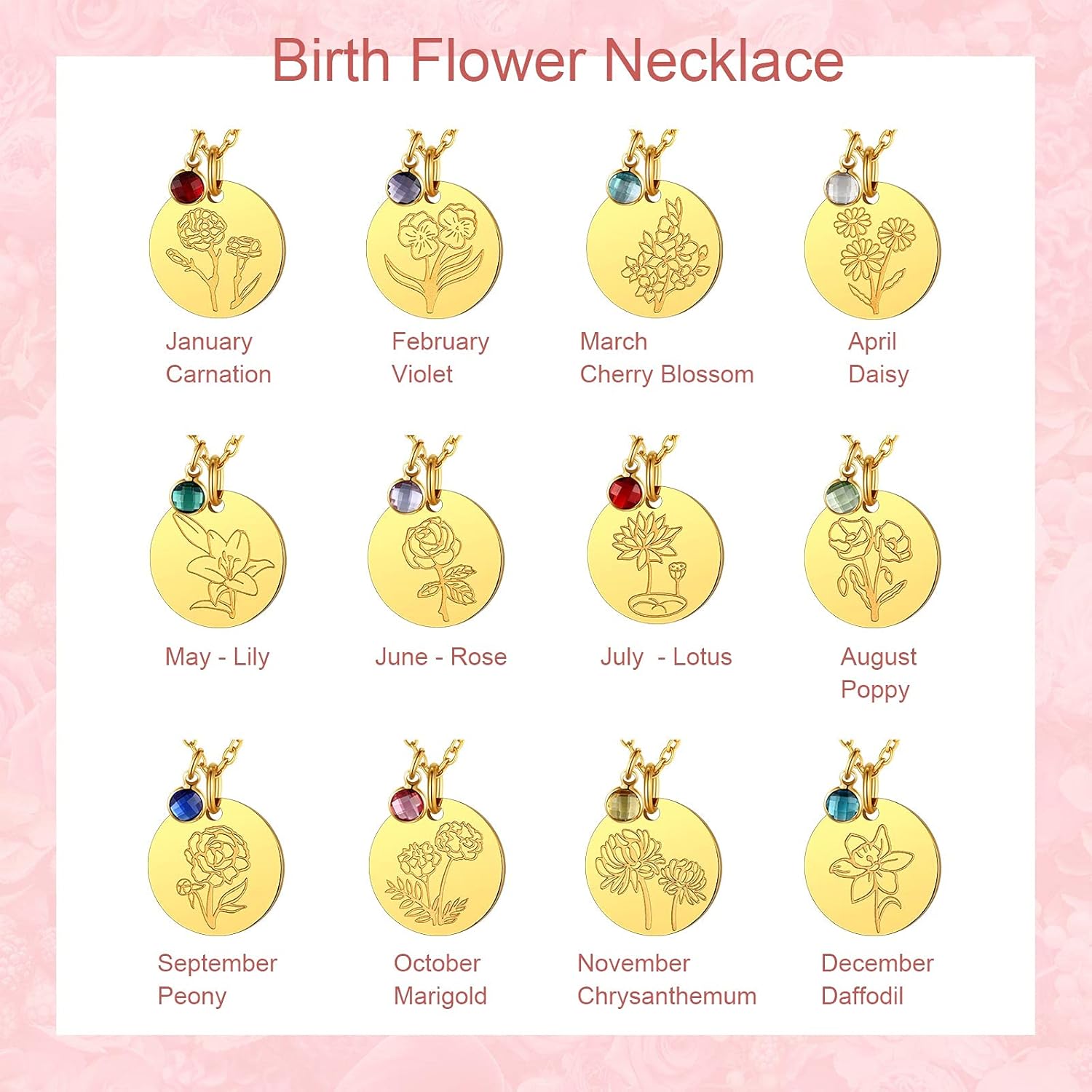 Jan. to Dec. Guardian Month Floral Birth Flower & Birthstone Disc Necklaces