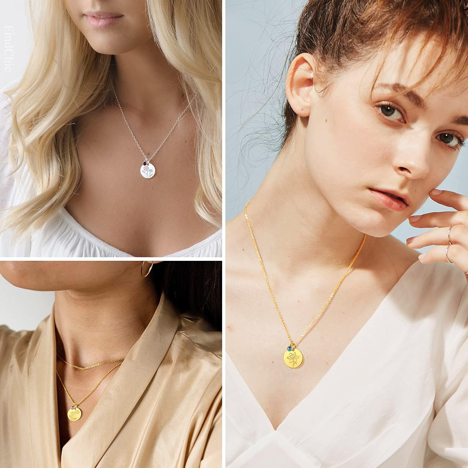 Jan. to Dec. Guardian Month Floral Birth Flower & Birthstone Disc Necklaces