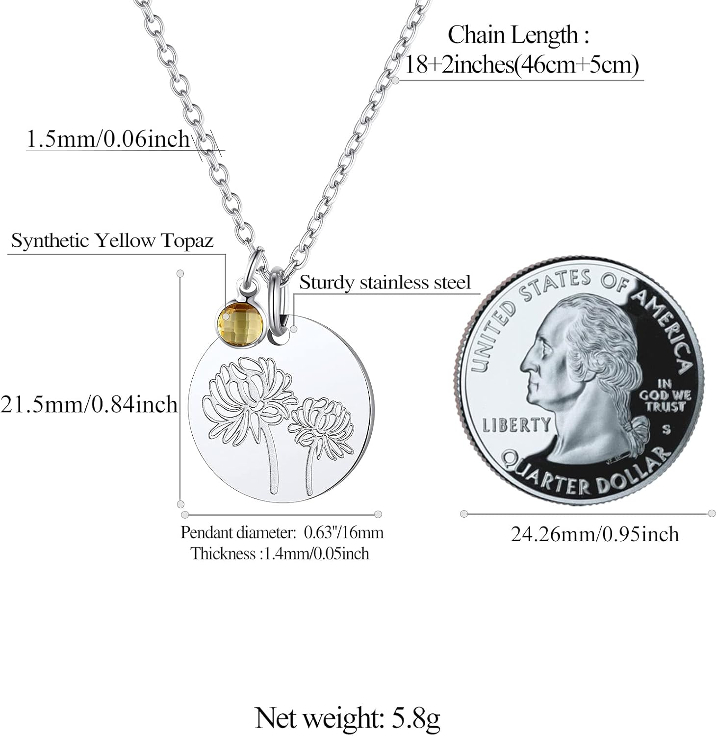 Jan. to Dec. Guardian Month Floral Birth Flower & Birthstone Disc Necklaces