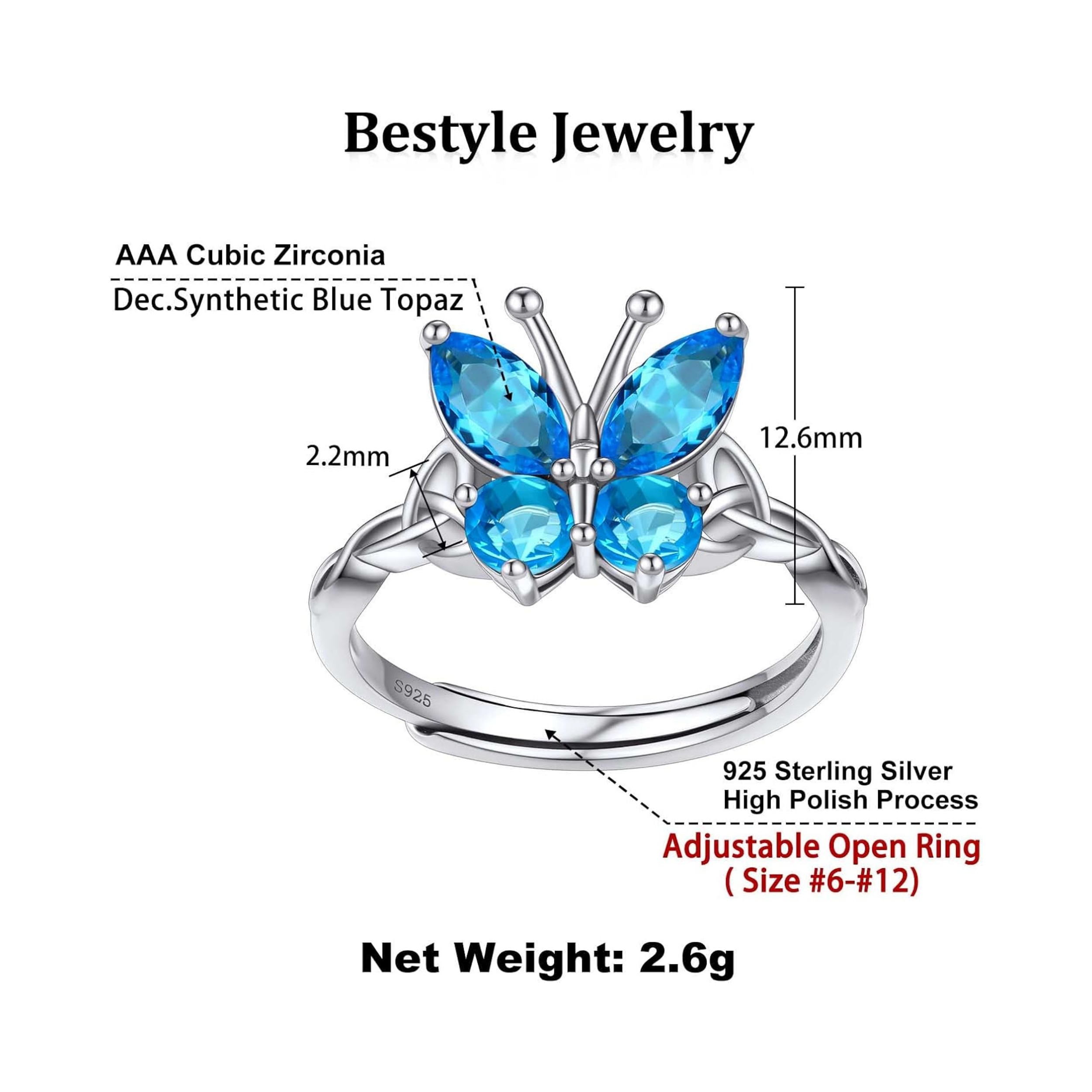 December Blue Topaz Butterfly Birthstone Stackable Rings