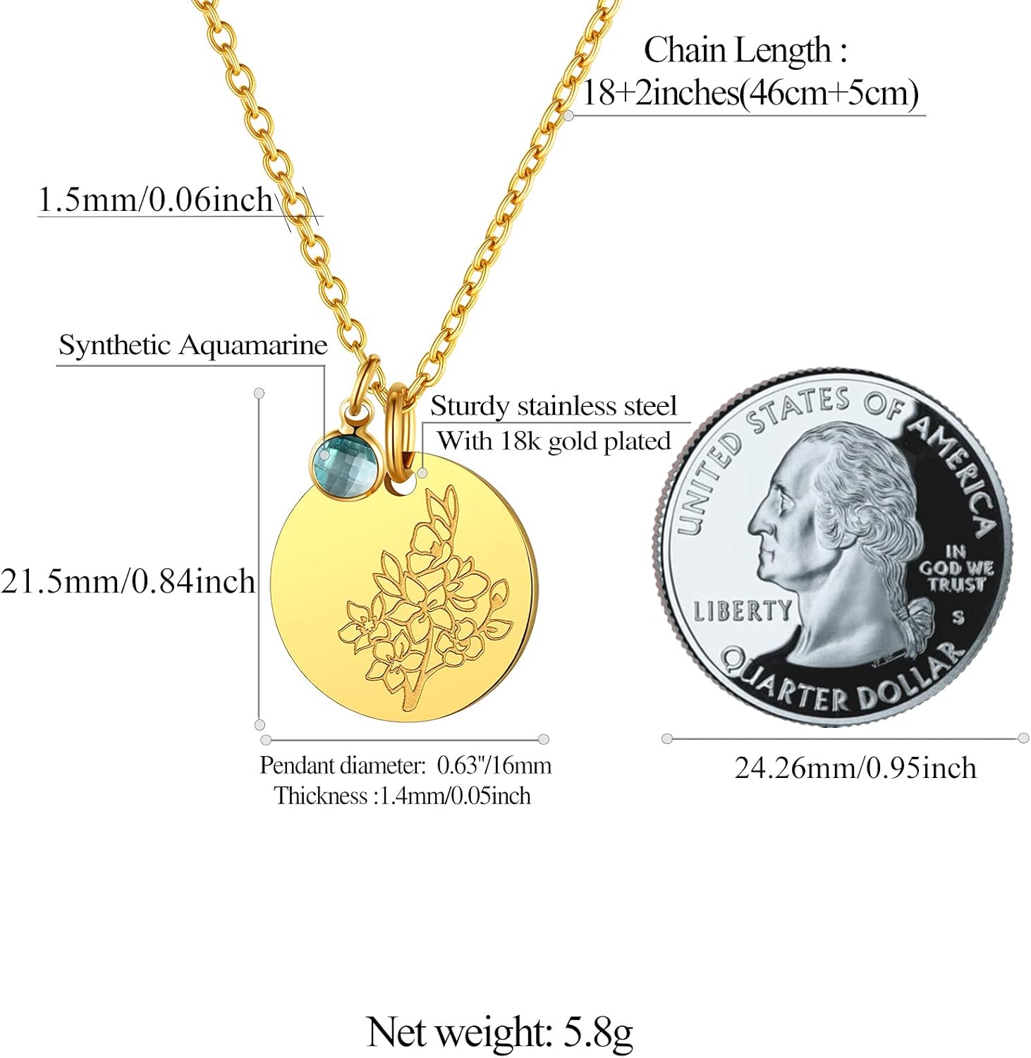 Jan. to Dec. Guardian Month Floral Birth Flower & Birthstone Disc Necklaces