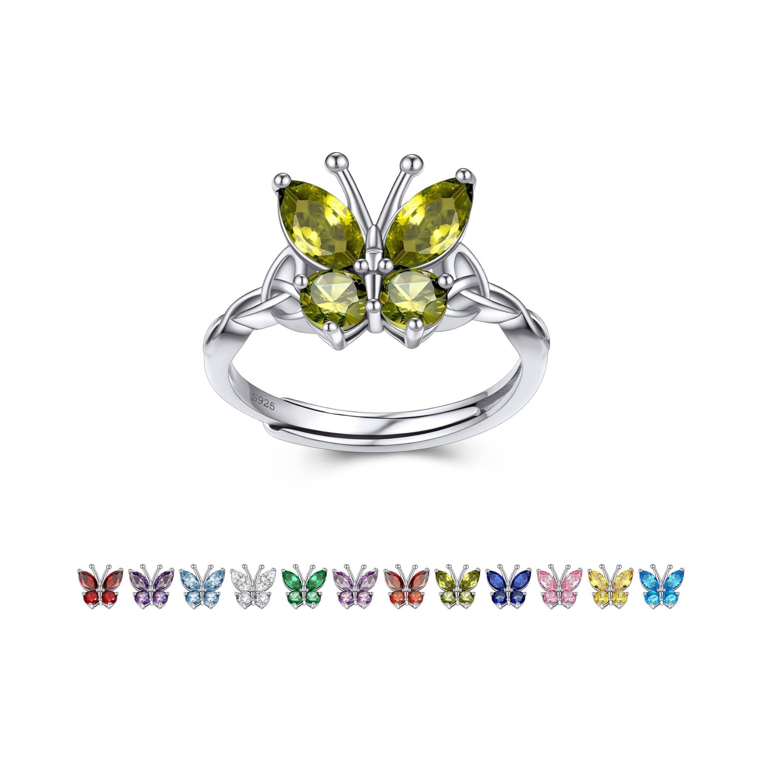 August Peridot Butterfly Birthstone Stackable Rings