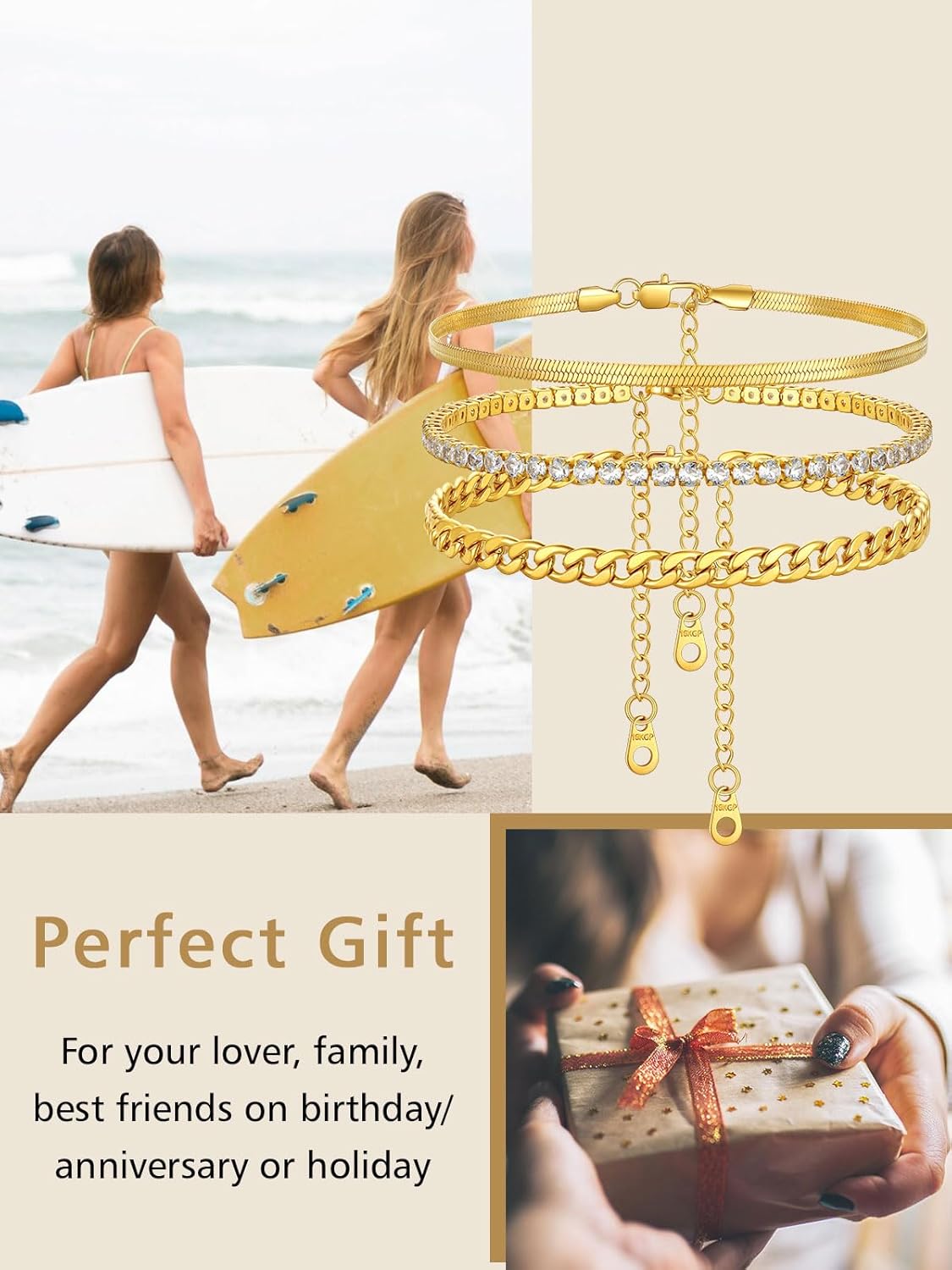 3PCS Herringbone & Tennis & Cuban Link Herringbone Link Foot Jewelry Set