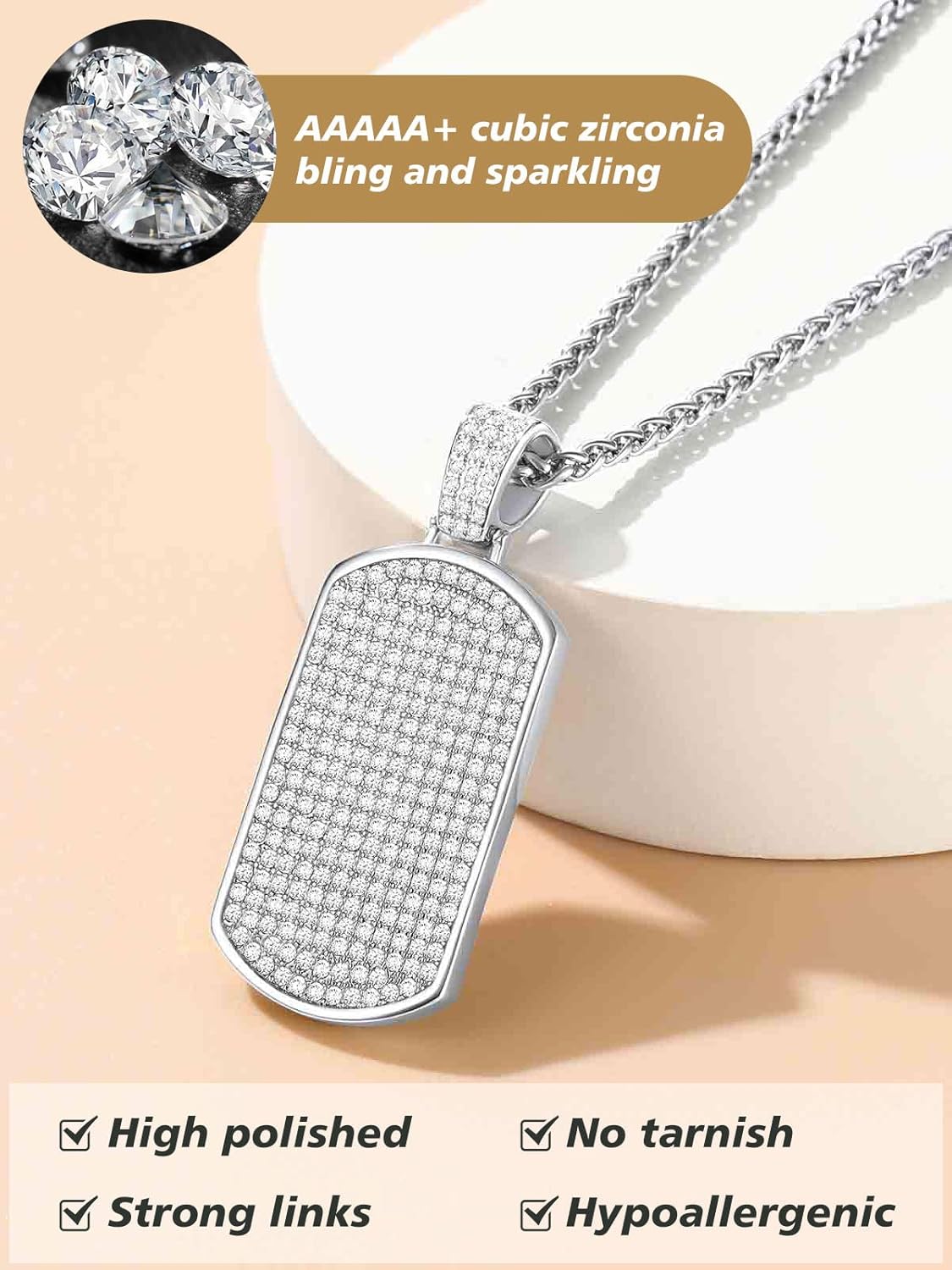 Dog Tag Chain with Cubic Zirconia Necklace 