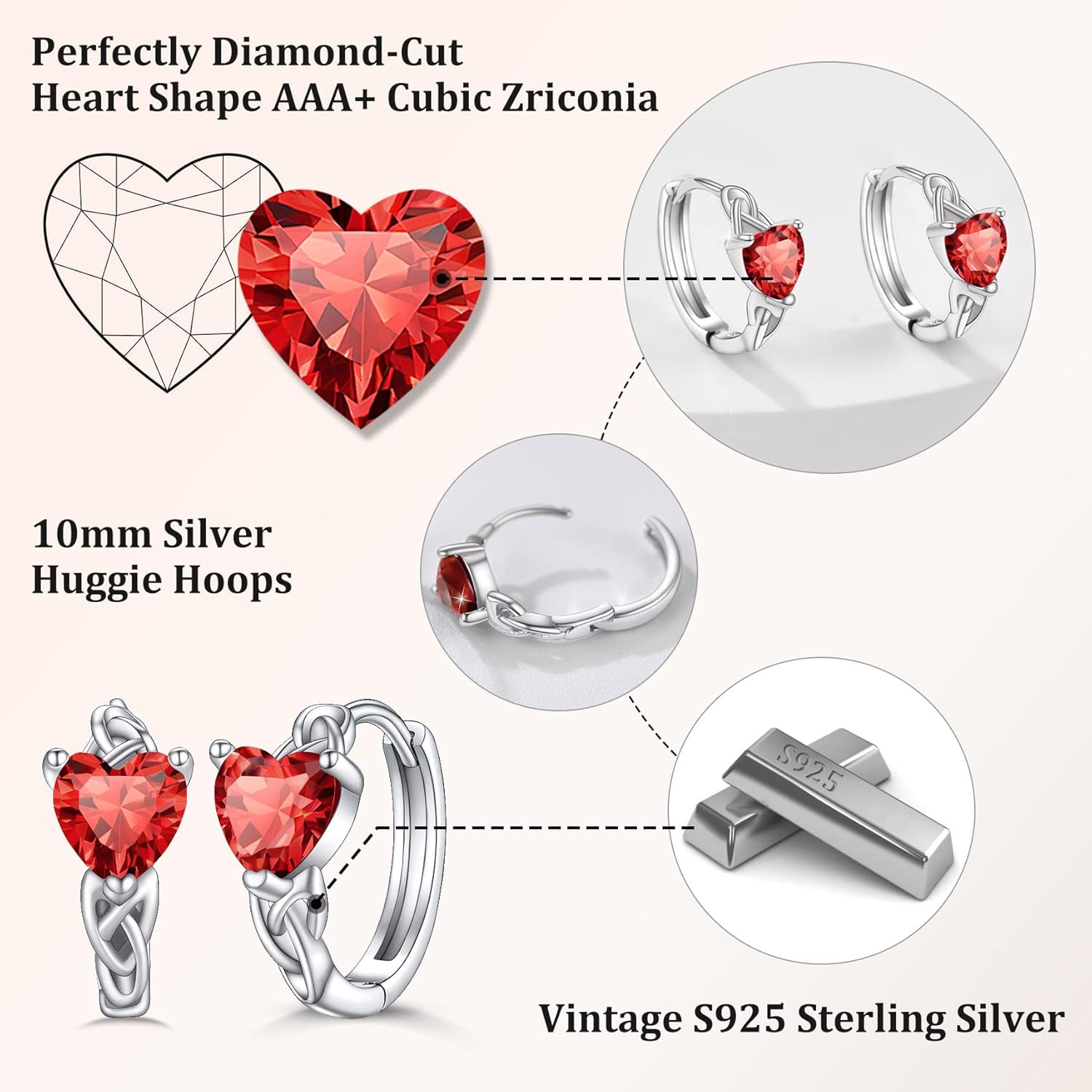 July Red Ruby Heart Celtic Knot Birthstone Hoop Earrings