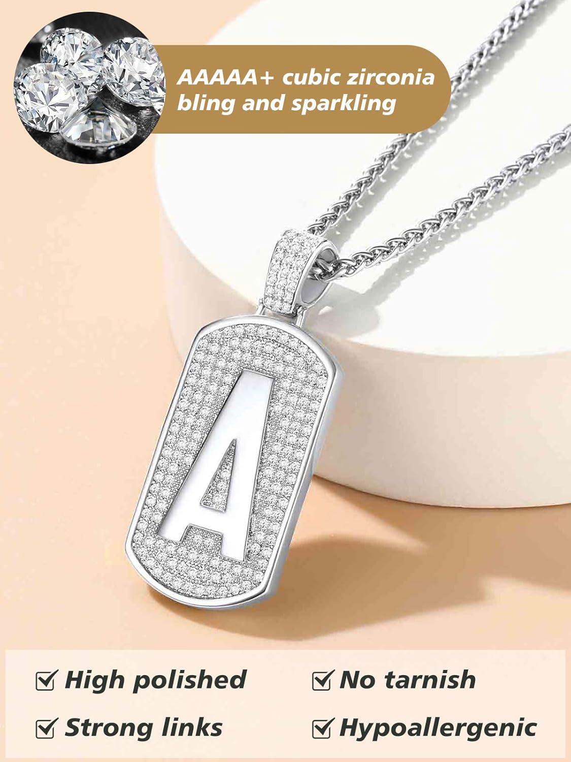 Initial Letter Pendant Cubic Zirconia Dog Tag Necklace