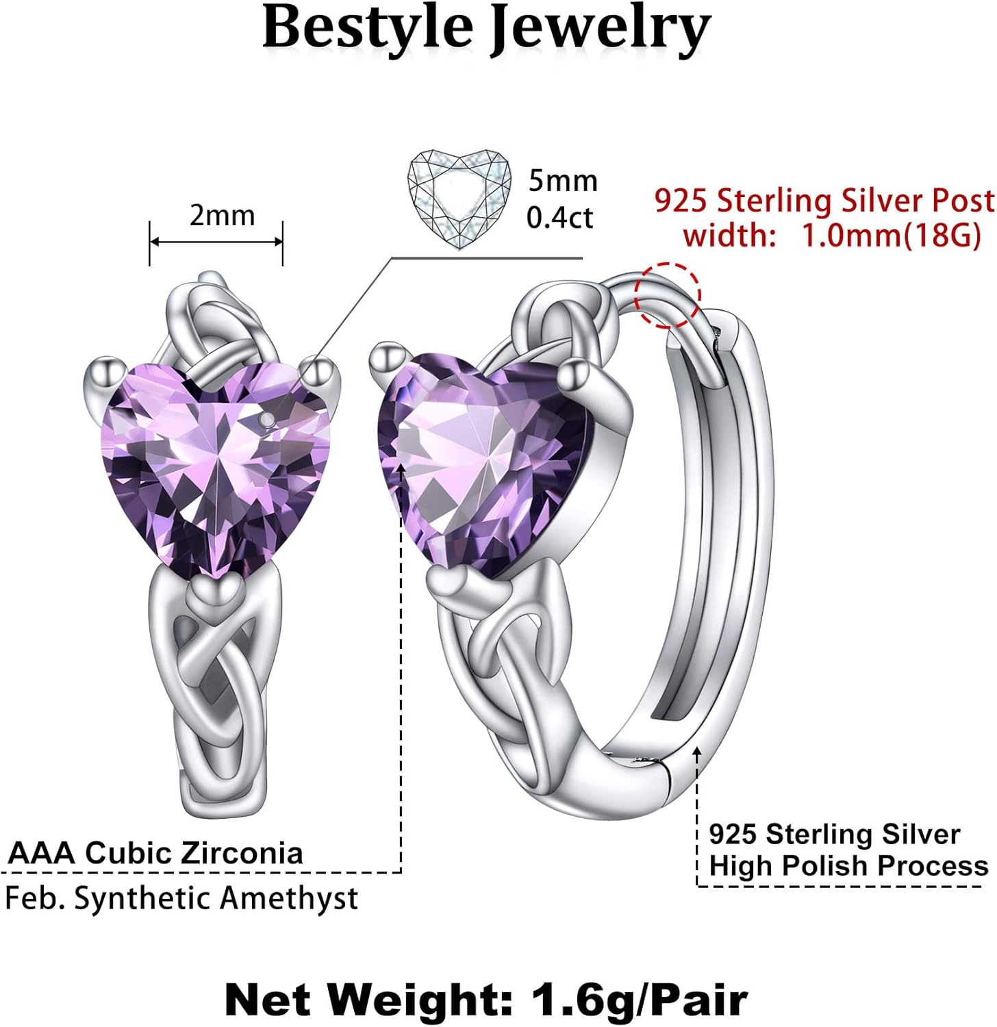 February Purple Amethyst Heart Celtic Knot Birthstone Hoop Earrings