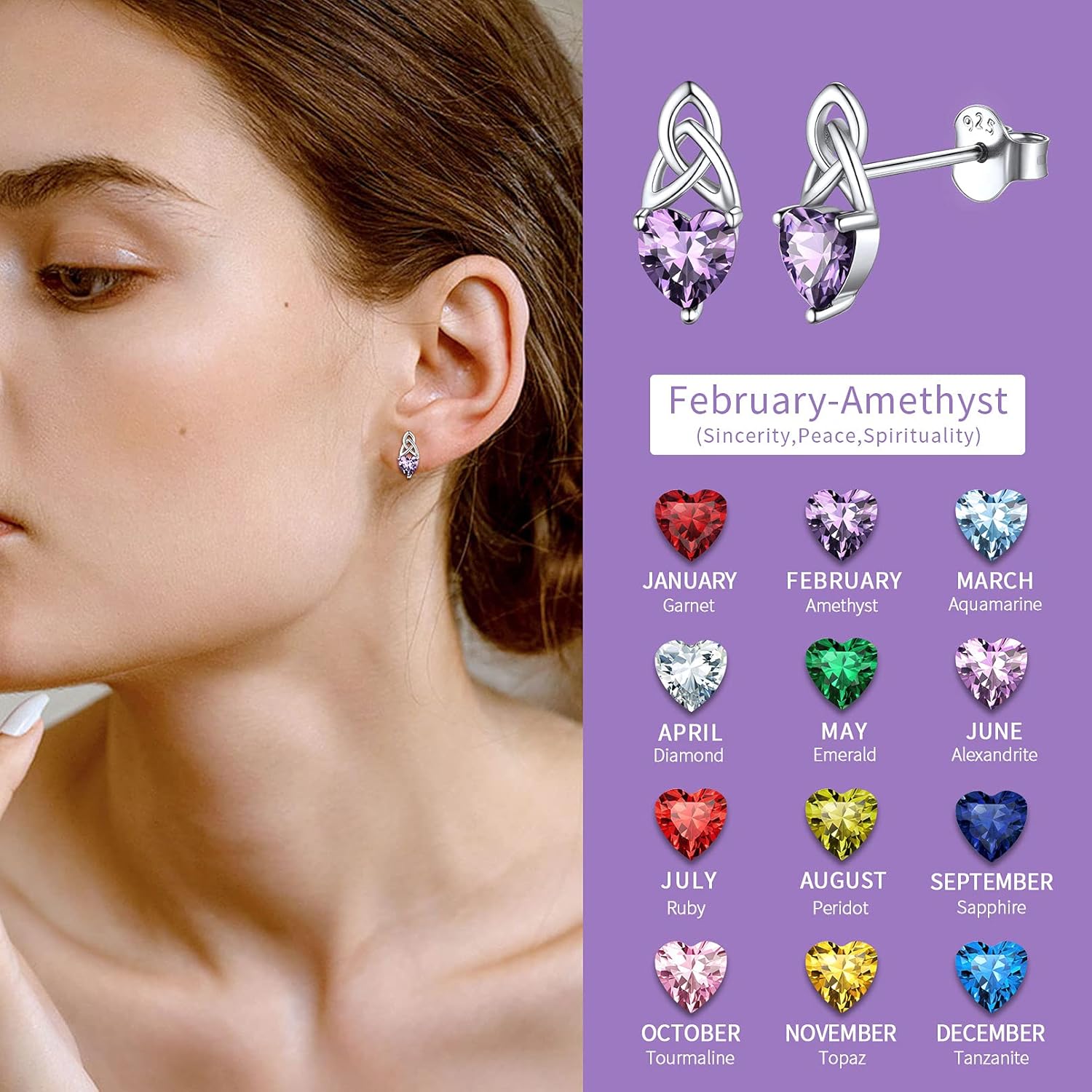 Brilliant Heart Cut Birthstone & Celtic Knot Stud Earrings