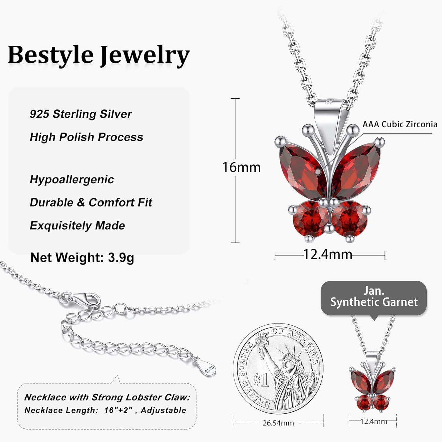 Dazzling January Garnet Butterfly Birthstone Necklace